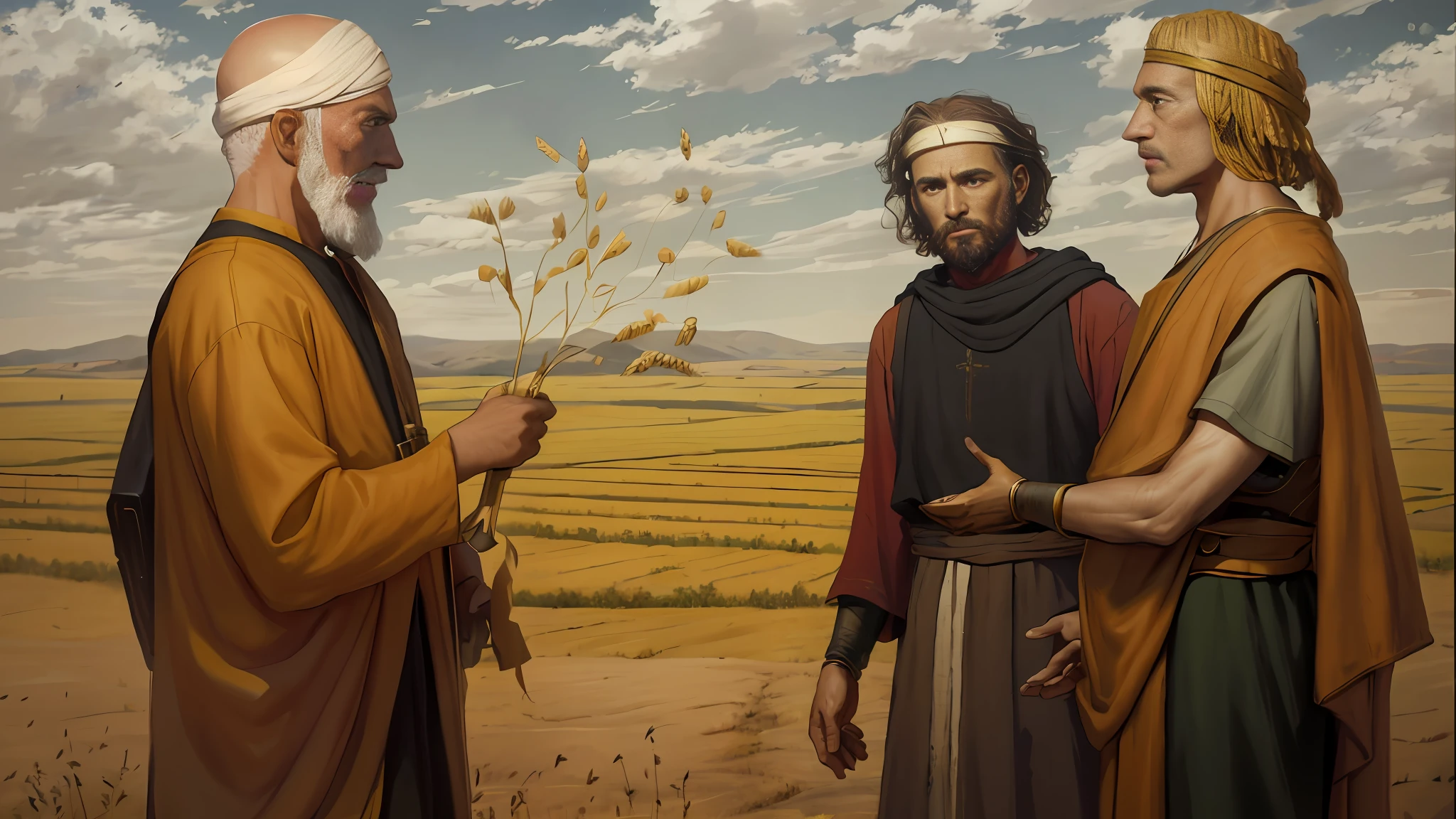 Oil painting, there is a bald man standing with a tares in one hand in the field checking the wheat crop, there are two men talking to him, epic biblical representation, 8k uhd, cinematic lighting, high quality.