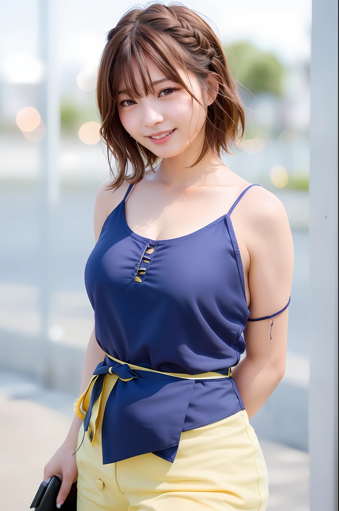(skin spots: 1.2), (skin dentation), Black eyes, 1 female, 25 years old, ((((Female))), Solo, Real, Best Quality, Photorealistic, Masterpiece, 8K, High Resolution, Solo, Very Detailed Face, (Professional Lighting, Bokeh), (Light Particle, Lens Flare, Luminous Particle: 0.6), (Dynamic Pause: 1.2), Soft Lighting, Top Angle View, fashionable and trendy, Japan, street, urban, Tokyo, Minato, (daytime)), sky, ((view viewer:1)), (look at camera), (portrait: 0.6), cowboy shot, gorgeous, standing, keep original facial proportions, wide shoulders, full body, (huge chest), (short hair), brown hair, floating hair, lips, lipstick, seductive smile, floating hair, braided hair, smile, open_mouth, teeth, (((cami top)), eyelashes, moles, (moles under the eyes: 1),