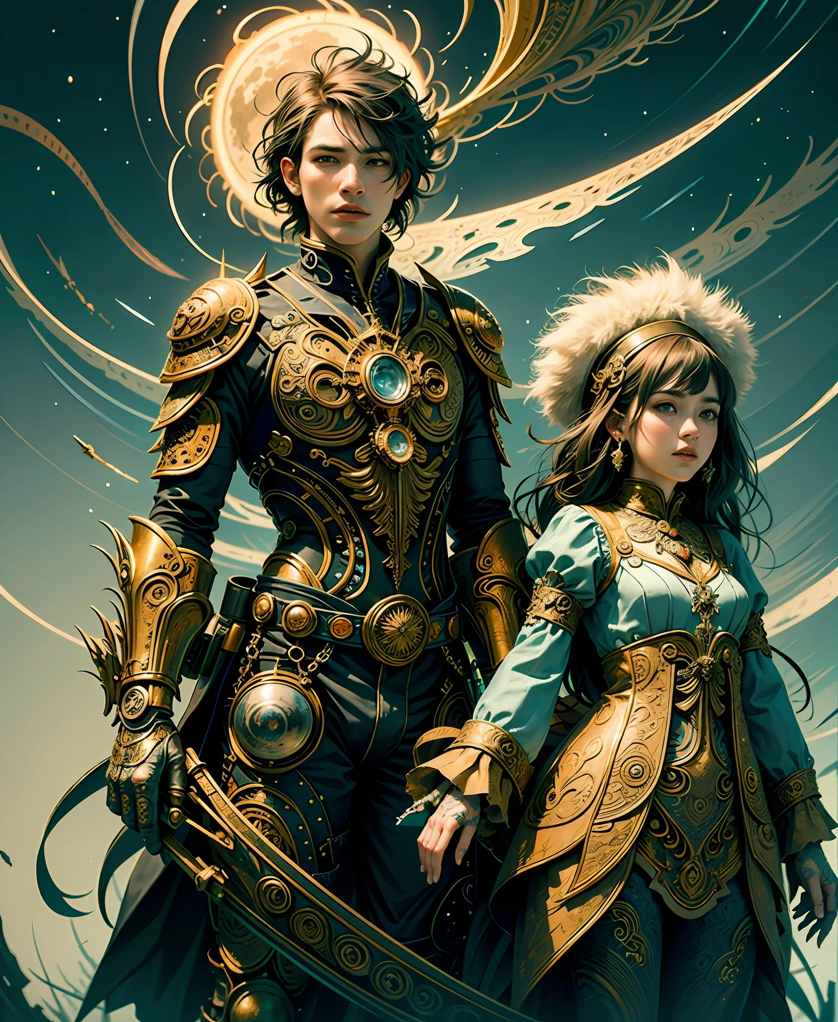Official Art, Unified 8k Wallpapers, Ultra Detailed, Beautiful and Aesthetic, Masterpiece, Best Quality, (Zentangle, Mandala, Tangled, Entangle), (Fractal Art: 1.3), ((((1 Young Guy, 1girl)))), Very Detailed, Dynamic Angle, Cowboyshot, Most Beautiful Forms Chaotic, Elegant, Fauvist Design, Bright Colors, Romanticism, James Jean, Robbie Devi Antono, Ross Tran, FrancisBacon, Michal Mraz, Adrian Ganey, Petra Cortwright, Gerhard Richter, Takashito Yamamoto, Ashley Wood, atmospheric, ecstatic notes, flow notes visible
