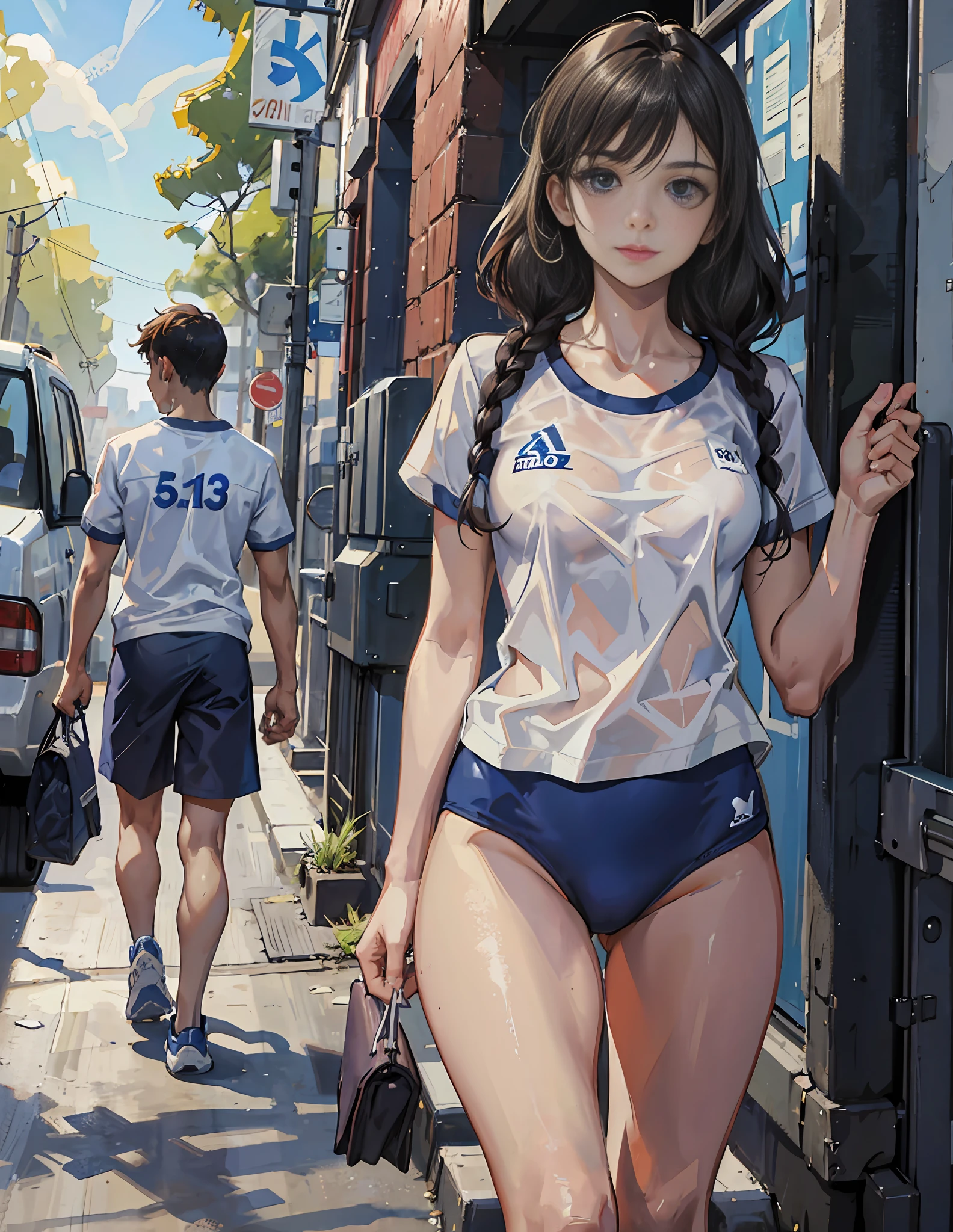 Picture of a  girl in a dark blue school swimsuit and a teenage boy in a white t-shirt gym uniform walking to school hand in hand --auto --s2