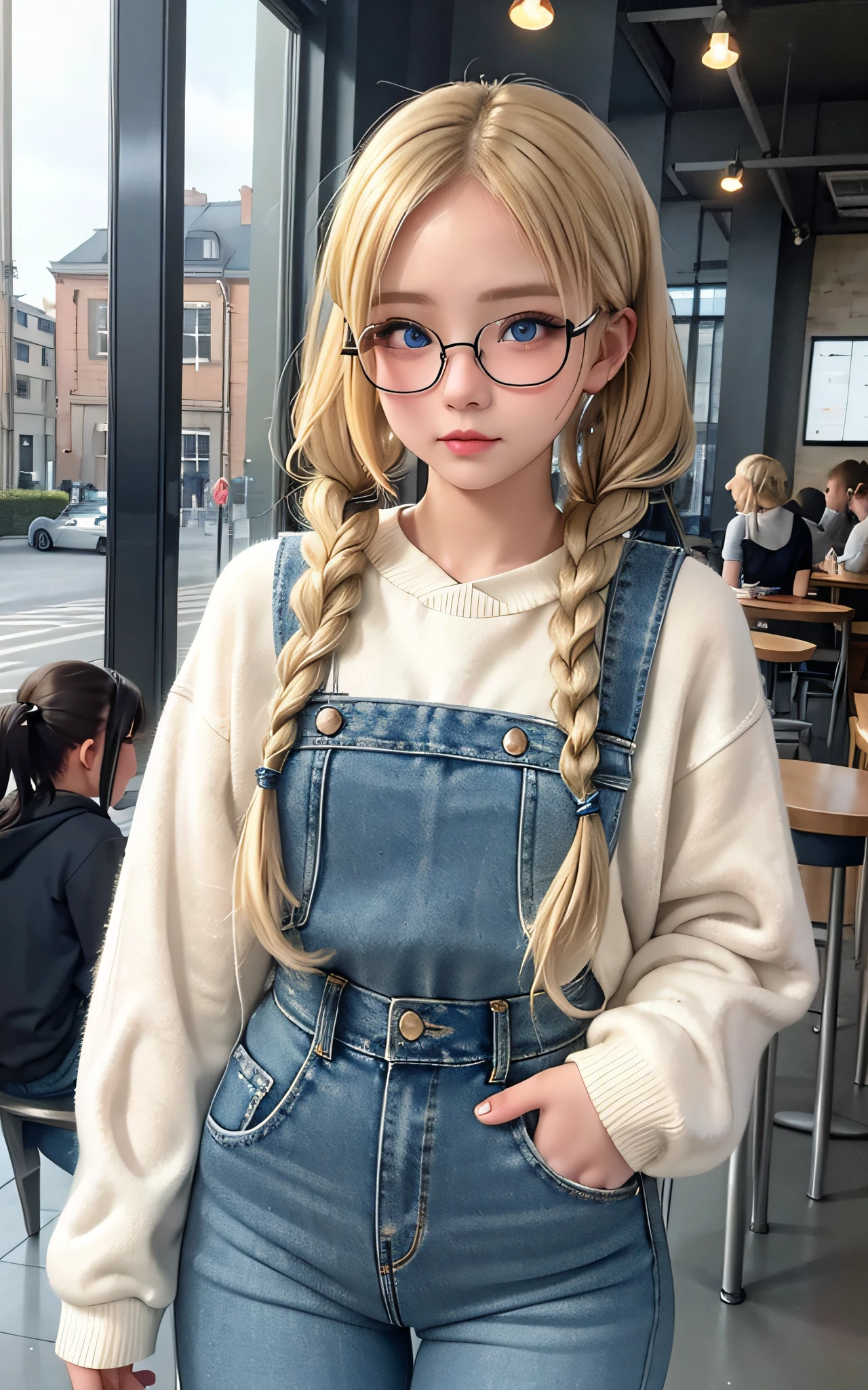 (Beautiful blonde, dark blue and beautiful eyes, small, 18 years old, thin waist, pigtails, thick braid, happy), glasses, very big hoodies, slightly torn denim pants, model pose, background is station platform, gothic café clerk, snap, (masterpiece), ((highest quality)), (super detailed), girl, clean and detailed face, five fingers, textile shading, perfect human structure, perfect anatomy、