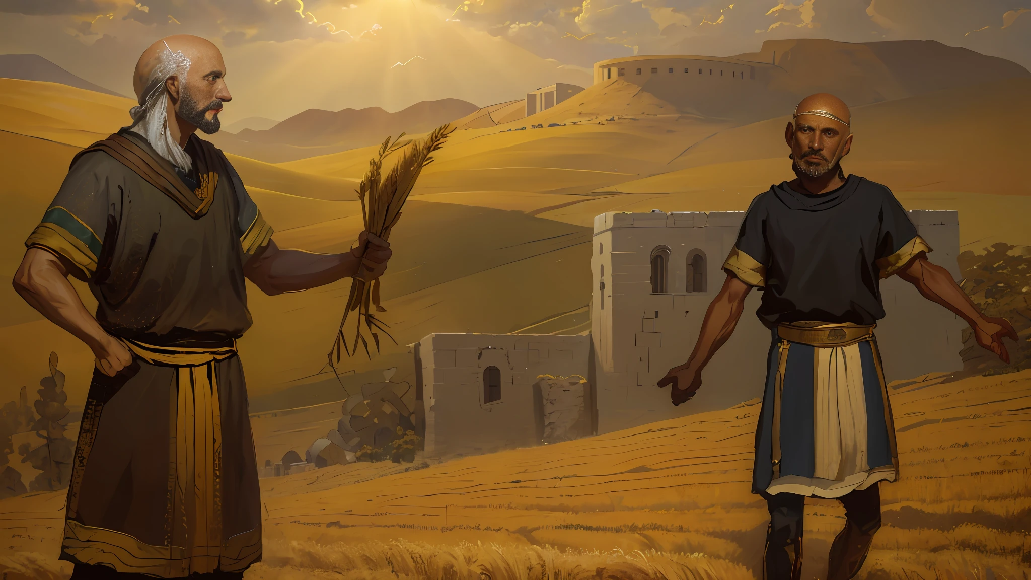 Oil painting, there is a bald man standing with a tares in one hand in the field checking the wheat crop, there is another man talking to him, epic biblical representation, 8k uhd, cinematic lighting, high quality.