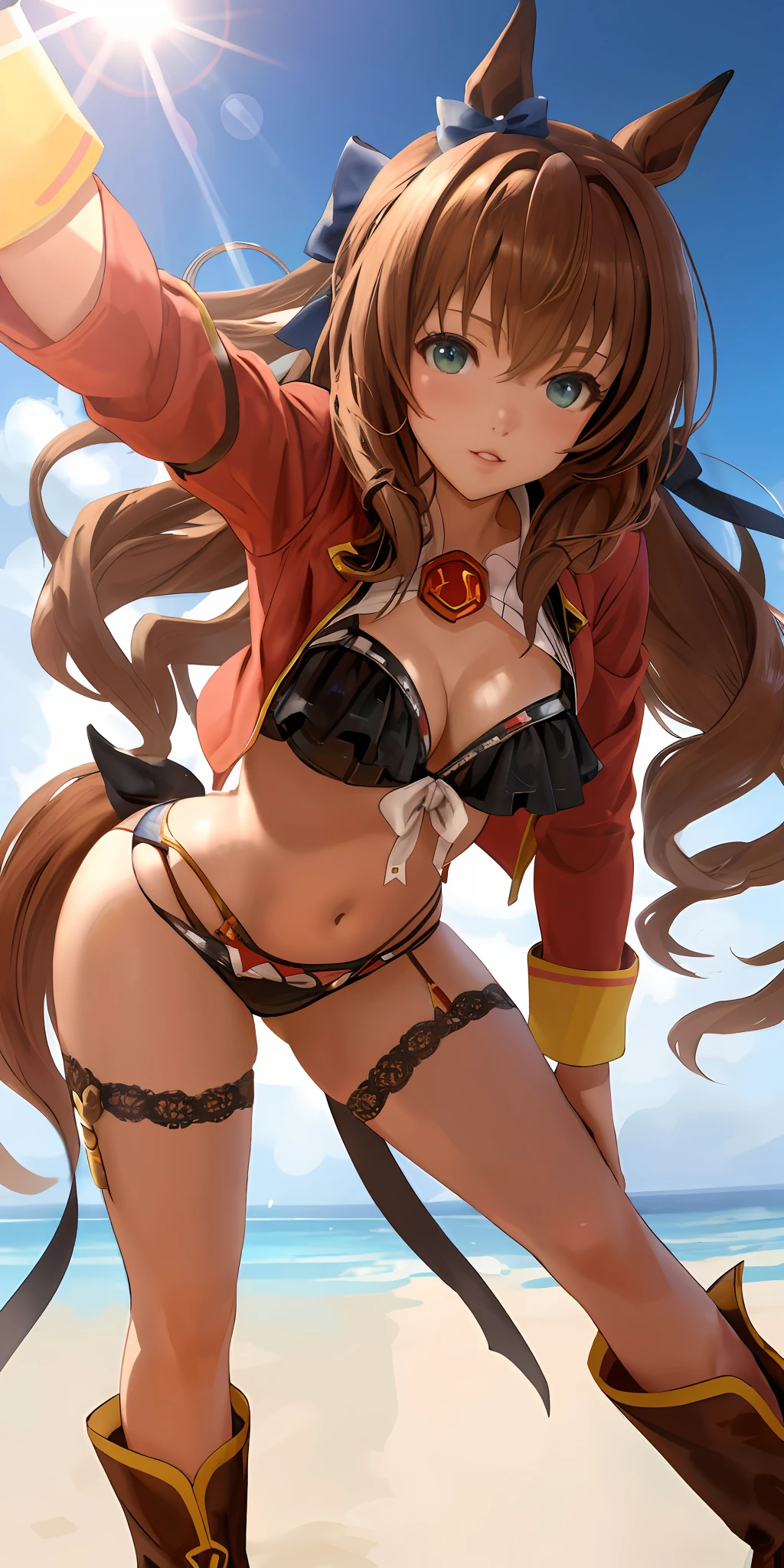 masterpiece, best quality, close up wide angle, charming poses, beach,
maruzensky \(umamusume\),
red side-tie bikini bottom, open jacket, white bow, open clothes, high heel boots,
sunlight,