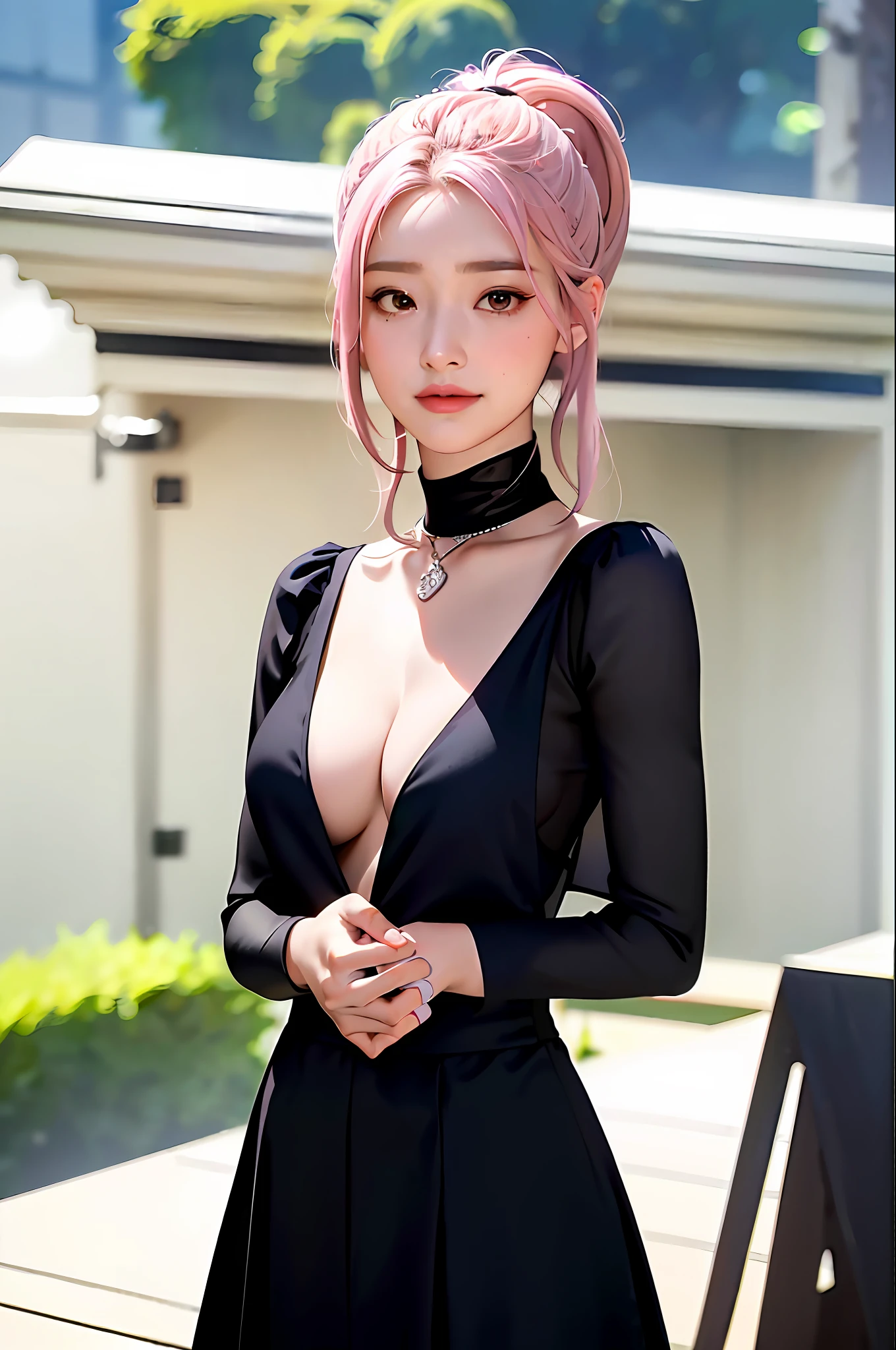 Masterpiece, Best Quality, (Dark Photo: 1.3), Realistic, 1girl, Flat Bangs, Stunning Innocent Symmetrical Face, Neckline, Low-Cut Deep V Jumpsuit, Emotional, Ulzzang, (PureErosFace_V1:0.7),
Sophia, pink hair, double tails, black eyes, white skirt, short sleeves, smile, (big breasts:1.4,) upper body, from below, cameto, white panties, jewelry, hands on chest, see-through, looking at the audience, hair accessory, necklace, shyness, (masterpiece, top quality, best quality, official art, beauty and aesthetics:1.2), (1 girl), extreme detail, colorful, highest detail, city, street, inclined, wall, sun, clouds,