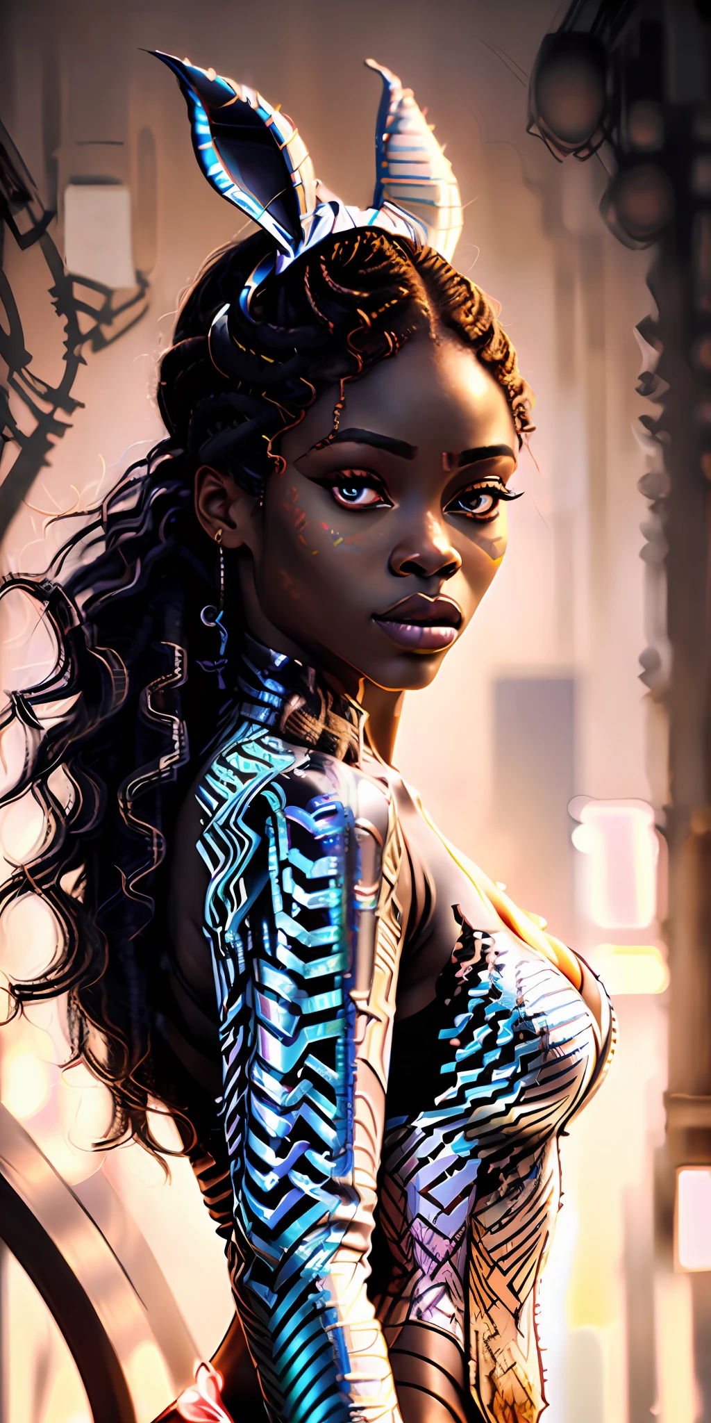 beautiful african woman, realy luxuriant afro-textured hair rainbowned, full body, lingerie, ponytail, long hair, (geisha eyes), ((heterochromia eyes)), bimbo lips, red lips, ((white playboy bunny costume)), ((perfect natural breasts), photorealistic, photo, masterpiece, realistic, realism, photorealism, high contrast, photorealistic digital art trend on Artstation 8k HD high definition detailed realistic, detailed, skin texture, hyperdetailed, realistic skin texture,  Armor, best quality, ultra high resolution, (photorealistic: 1.4), high resolution, detailed, raw photo, sharp re, by Lee Jeffries Nikon D850 Film Stock Photography 4 camera kodak portra 400 lens f1.6 rich colors hyper realistic texture dramatic lighting unrealengine trend in artstation cinestill 800,