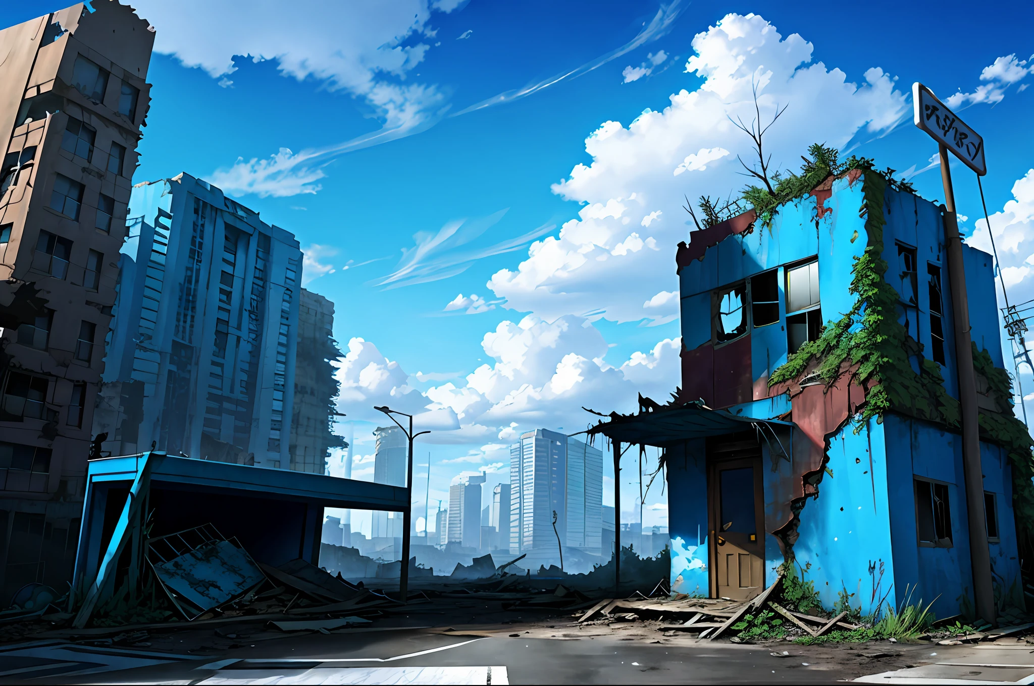 blue sky motorcycle, bus stop, dilapidated, clouds, abandoned city, outdoors, road sign, no humans, post-apocalypse, real world location, railings, overgrown, no-entry signs, trees, rust, signs, ruins, wreckage