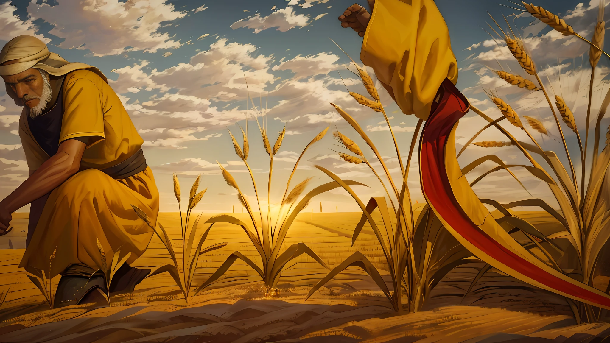 Oil painting, there is a man on his knees in the field checking the wheat crop, there is chaff and wheat mixed, there is a male hand with a sickle harvesting the wheat, epic biblical representation, 8k uhd, cinematic lighting, high quality.