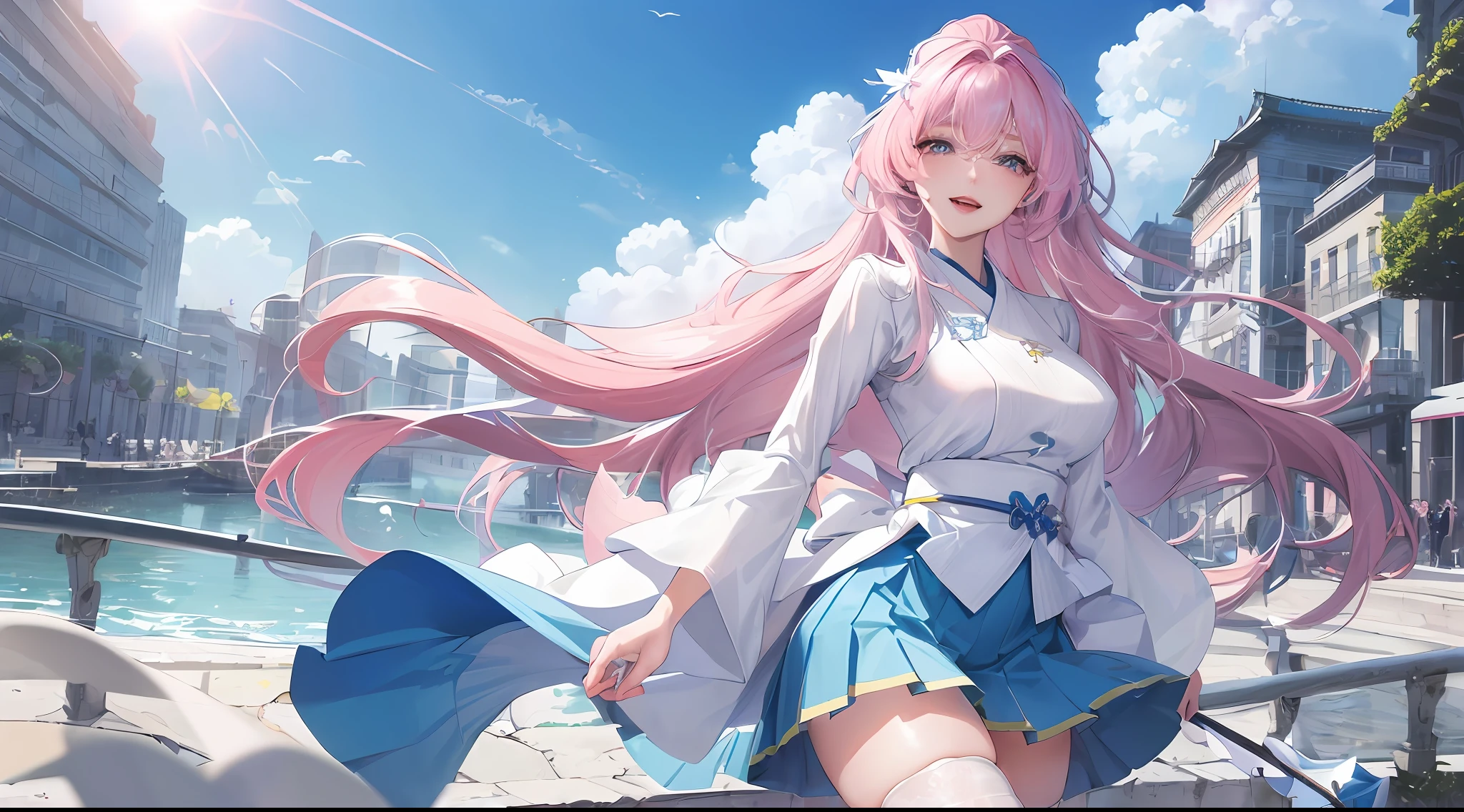 official art, masterpiece, sharp focus, (beautiful gorgeous cute korean woman:1.3), (beautiful cute korean woman:1.3), korean beauty, delicate and beautiful hair and eyes and face, realistic, super detailed, beauty girl, blue sky, glow white particles, (side light: 1.2), sunshine, white clouds, fine clouds, slender, pretty breasts and big buttocks, smile with teeth, ((laugh with eyes, open both eyes )), scenery, long straight hair, sexy look, buildings, (cityscape: 1.7), dynamic hair, long straight hair, detailed platinum pink hair, sparkling blue eyes, (blue pleated shirt + white skirt) , white long socks, white skin, hair ornaments, magnificent scenery,