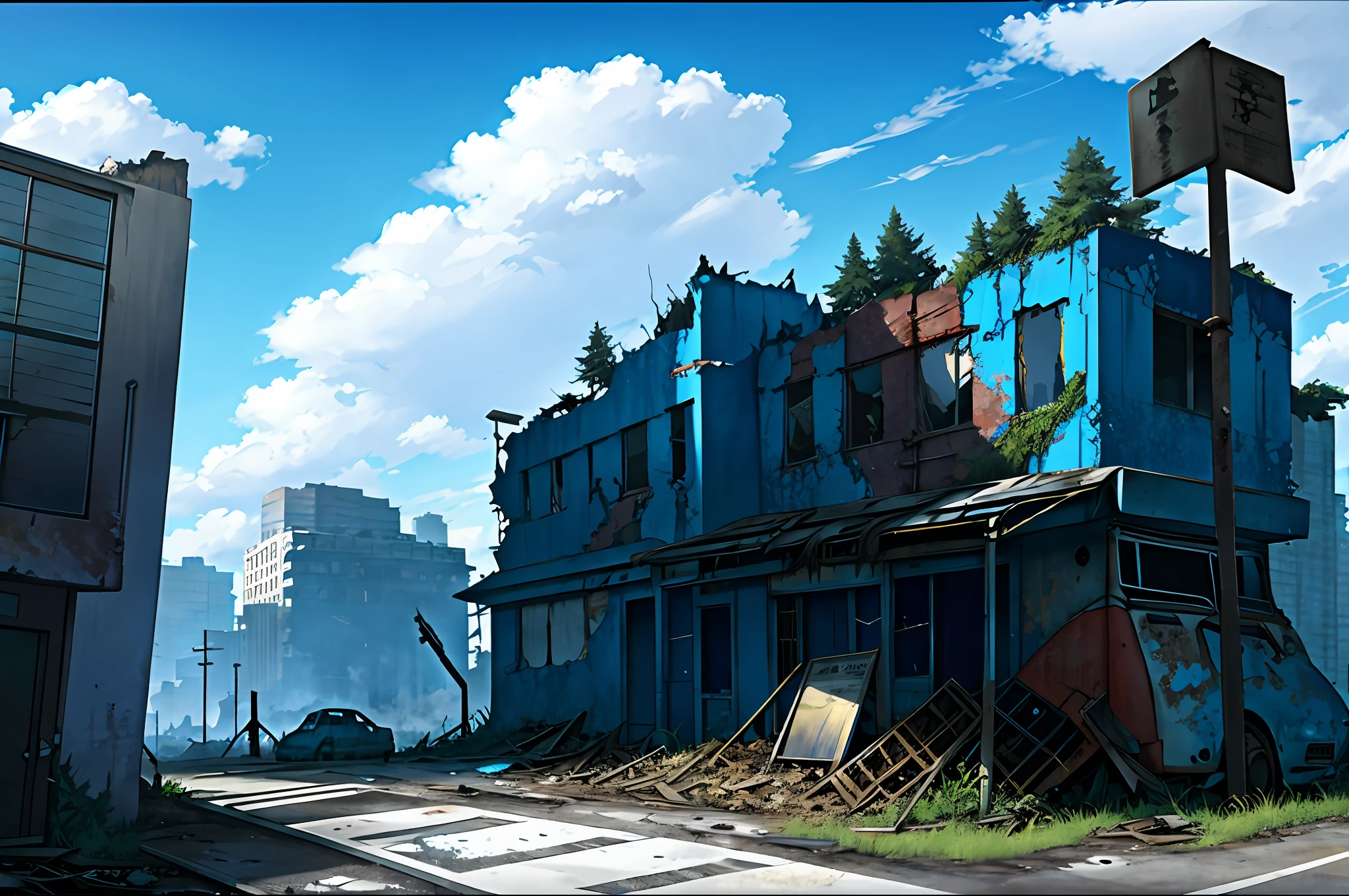 blue sky motorcycle, bus stop, dilapidated, clouds, abandoned city, outdoors, road sign, no humans, post-apocalypse, real world location, railings, overgrown, no-entry signs, trees, rust, signs, ruins, wreckage