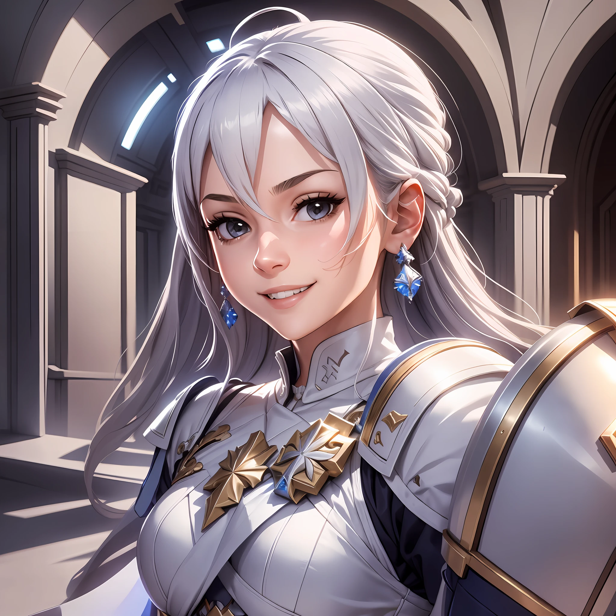 1girl, (forward leaning:0.6), white dress, breast armor, white hair, pony tail, left hand holding shield, (detailed shield:0.9), smiling, medium breast, hair ornament, (detailed armor:0.9), knight uniform, earings, castle background, holy light