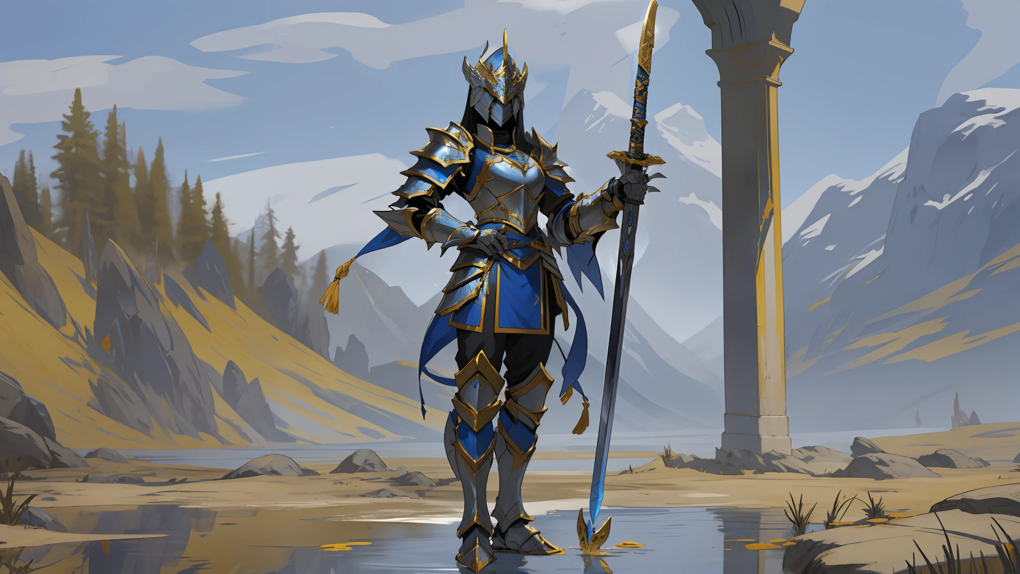 Long dark hair, wearing a white cloth blindfold, There is a woman in armor holding a sword and a pole, in monster hunter armor, wearing monster hunter armor, warrior clothing, reflected armor color blue with gold, platinum warrior armor, safi'jiiva armor, splinter ice colored reflected armor, Ornate bikini armor, lazuli and gold armor, infinite blade armor, golden blue uniform, epic paladin armor