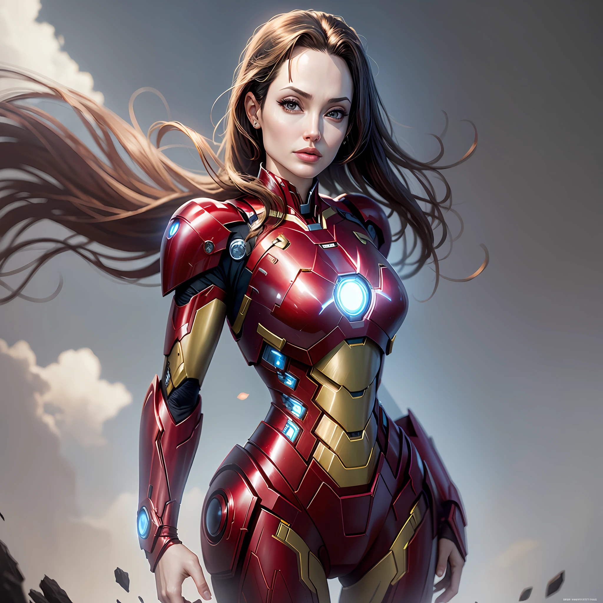 Angelina Jolie with the iron man outfit hyper realistic best lighting best cinematic shadow high definition --auto --s2