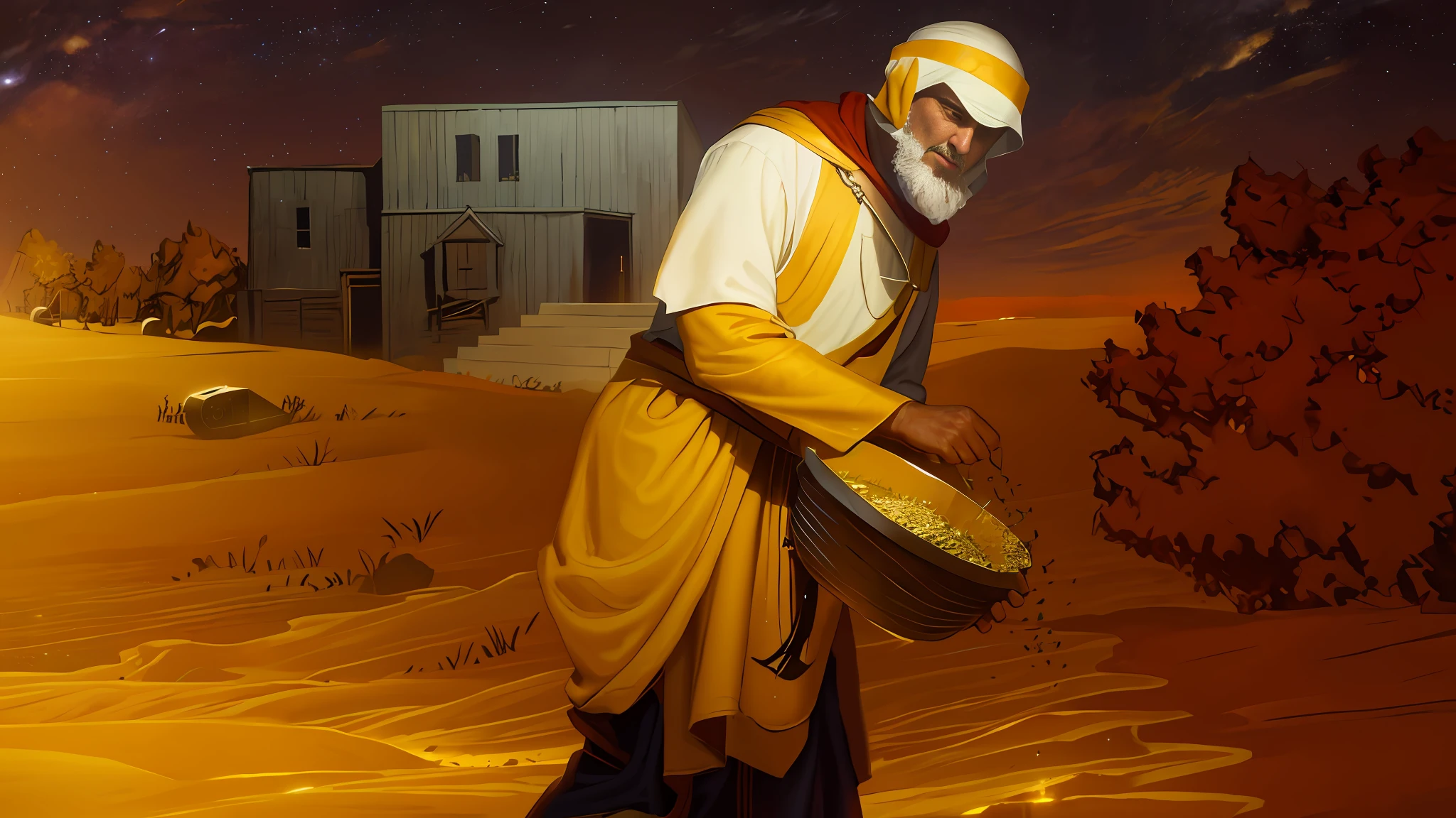 Oil painting, there is a man in a robe, farmer sowing tares in the field at night, epic biblical representation, 8k uhd, cinematic lighting, high quality,