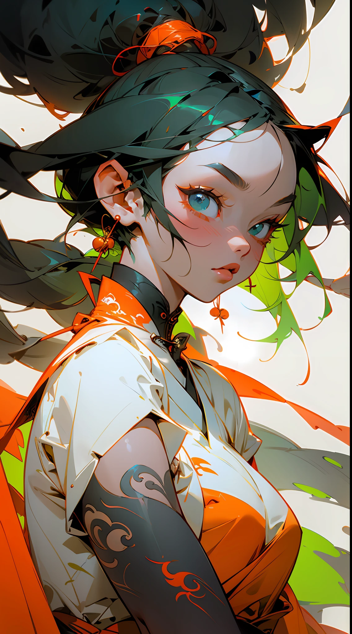 wuxia,orange,green,1black woman with tattoos,white glossy luminous hair,orange clothes,super colorful,cinematic,dof,35mm,masterpiece, best quality