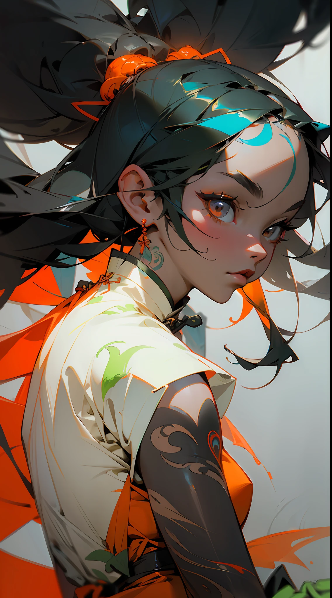 wuxia,orange,green,1black woman with tattoos,white glossy luminous hair,orange clothes,super colorful,cinematic,dof,35mm,masterpiece, best quality