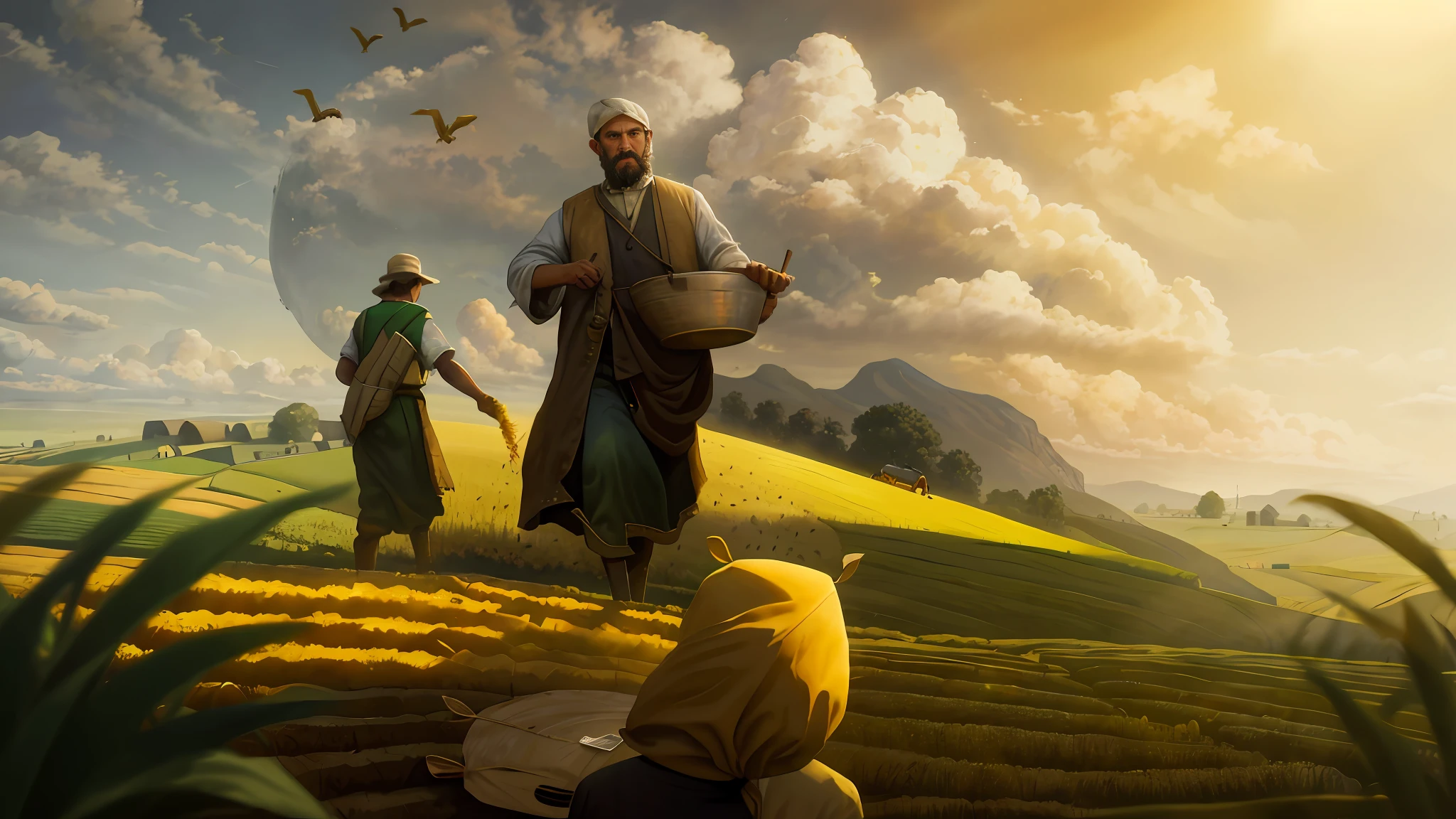 Oil painting, there are two farmer men sowing wheat in the field, 8k uhd, cinematic lighting, high quality.