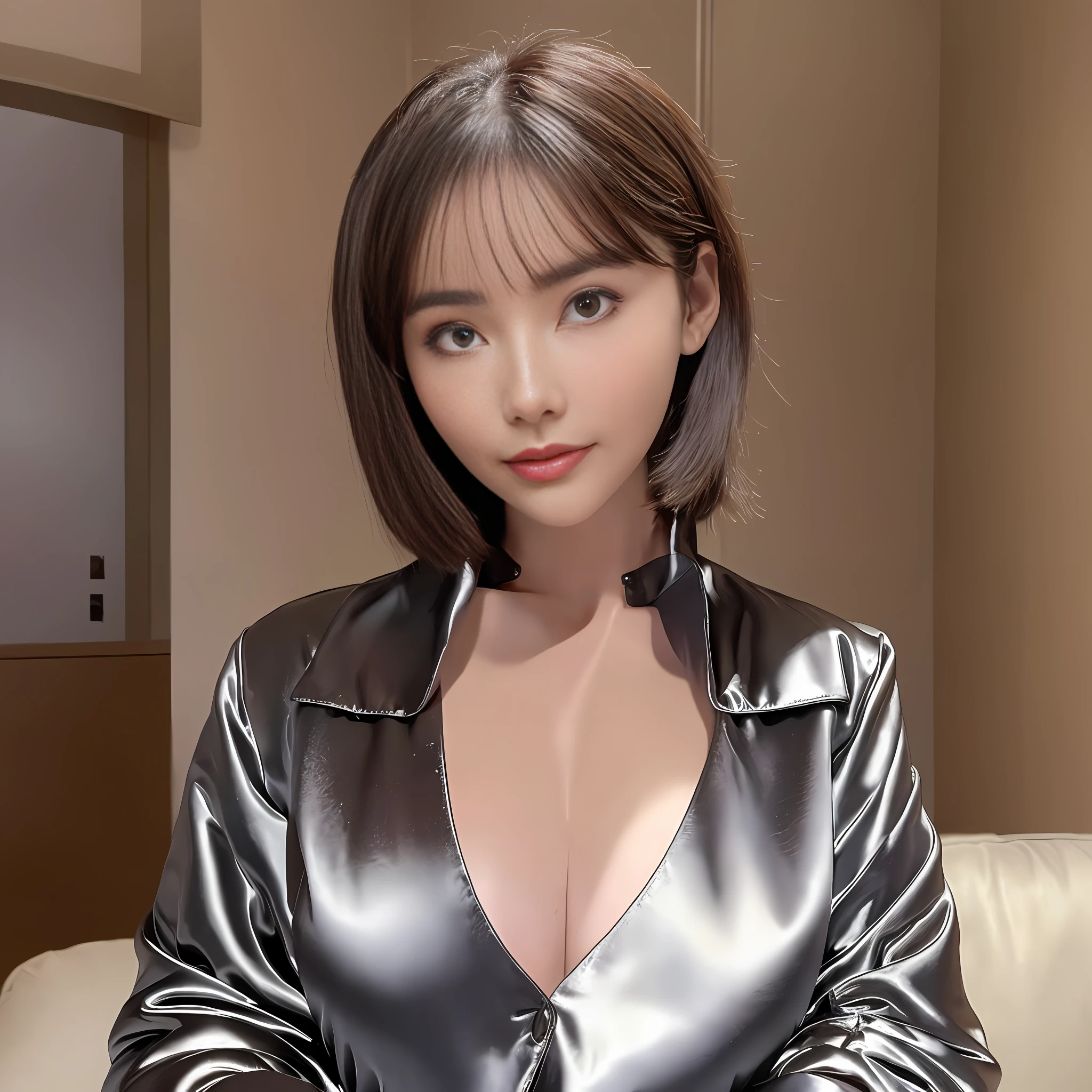 (RAW Photos, Best Quality, Masterpiece: 1.2), (Realistic, Photorealistic: 1.37), 1 Girl, Light Smile, (Big: 1.2), (High Detail: 1.2), (Detail Background: 1.2), (Shiny Skin: 1.2), (Skin Dents: 1.3), (Plump: 1.2), (Perfect Body: 1.35), (Portate: 0.8), Gorgeous, Floating Hair, Head Tilt, watch the viewer, (small head: 1.4), wear a satin wrench coat, the material of the satin wrench coat and satin blouse is shiny, soft and smooth to the touch, the buttons of the satin wrench coat are large, the buttons in front of the satin wrench coat are fastened, and the underwear is not worn, the collar of the satin blouse must be taken out of the satin wrench coat, Body-fitting satin blouse, chest is C cup, Japan fashion model, wearing a shirt, wearing a coat, one beauty, the place is a hotel bedroom, the subject is one,