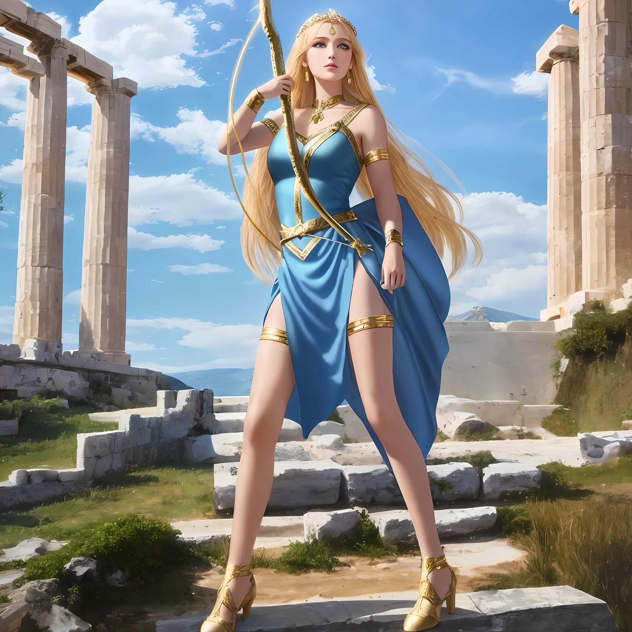 Greek goddess standing in front of a large ancient structure, the goddess artemis or diana, stunningly gorgeous beauty, blonde hair, blue eys, fair skin, a pair of perfect long legs, wearing very short greek white tunic, she is armed with a bow and arrow, stern and determined, greek goddess of wilderness hunting and virginity, goddess of greek mythology, also known as artemis or diana, greek myth digital painting, ultra detailed, ultra high quality, 8k, HDR