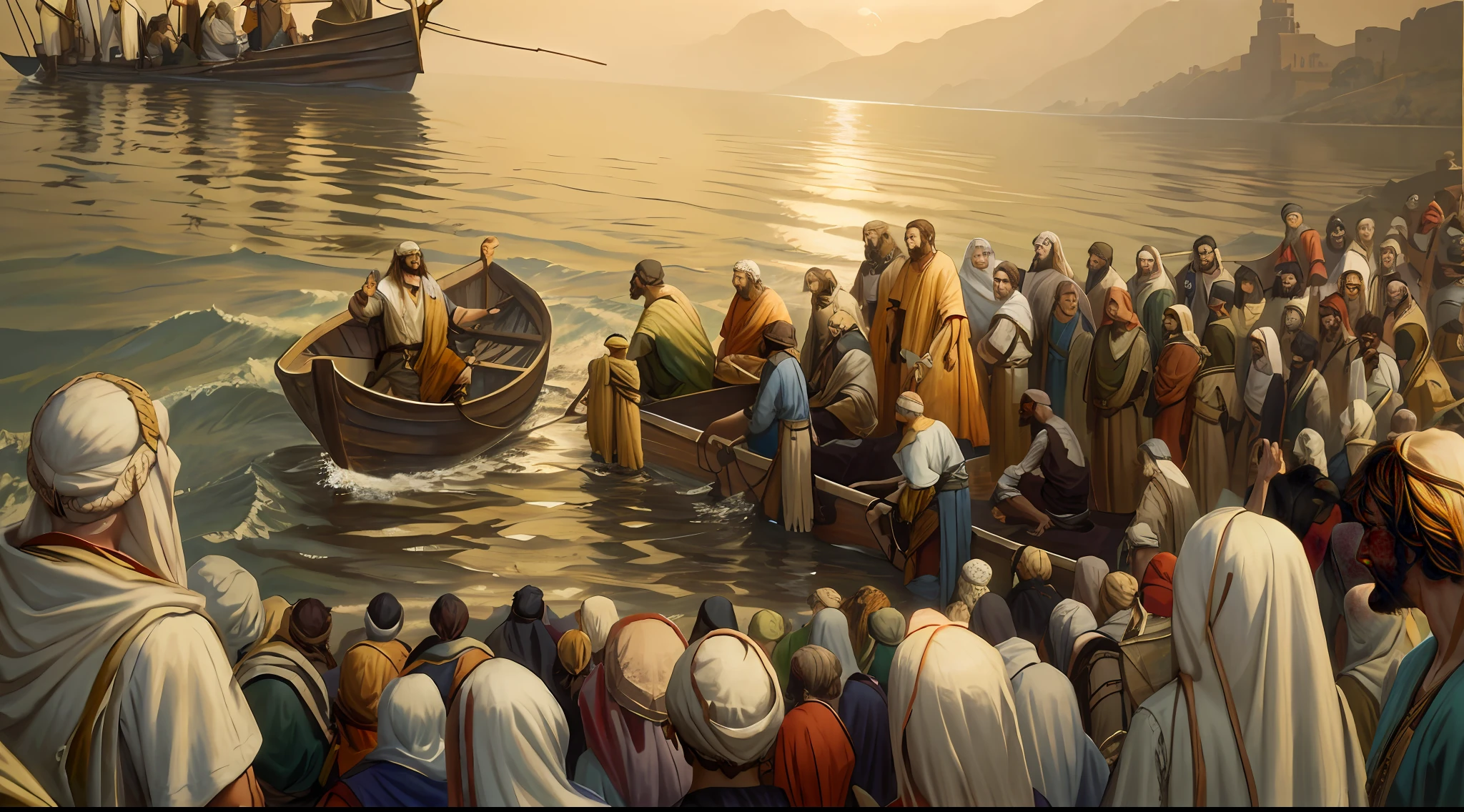 Oil painting, there is a male man in the boat on the river, there is a group of people standing around a boat, biblical illustration, epic biblical representation, 8k uhd, cinematic lighting, high quality.