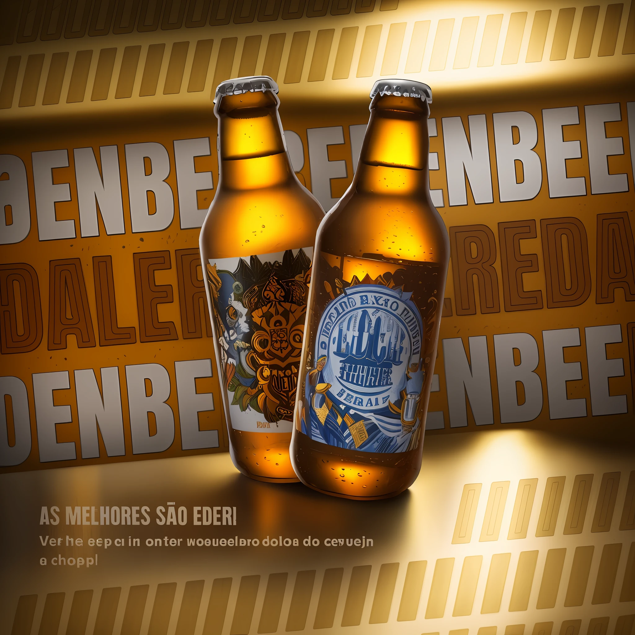 there are two bottles of beer sitting next to each other, dan eder, beer advertisement, by Alejandro Obregón, beer, by Denis Eden, ad image, cinematic beer, detailed image, by Eddie Mendoza, eeri, inspired by Don Eddy, coherent image, jerez, beer bottles, inspired by Ernest Biéler, album art, behance contest winner