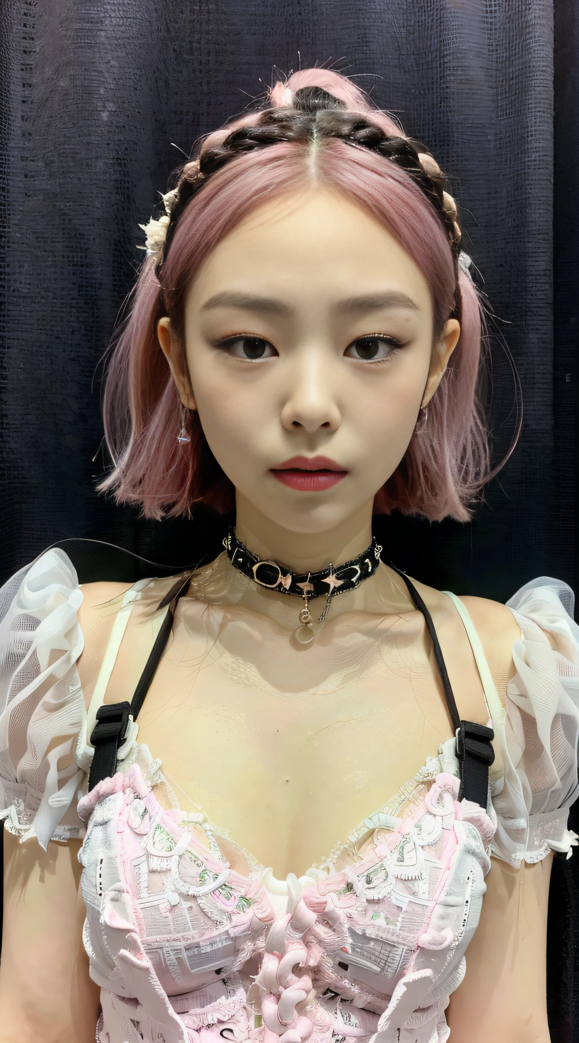 (1girl:1.3), solo, __body-parts__, Kim Ji-ni Jennie face, black background, photography, high contrast, high resolution, HD face shape, bust photo, front face, pink hair, world-weary face, high cold expression, white suspenders, white shorts, cleavage, fair skin, 16k