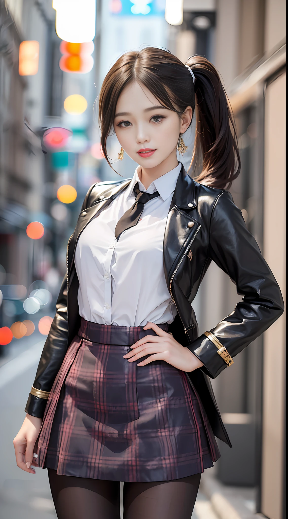 Exquisite, masterpiece, beautiful details, colorful, exquisite details, delicate lips, intricate details, 1 female, (a beautiful 20-year-old cute Korean woman: 1.1), (kpop idol, Korean mixed), (50mm Sigma f/1.4 ZEISS lens, F1.4, 1/800s, ISO 100, photograpy: 1.1), (ponytail + brunette hair: 1.2), (photorealistic: 1.4), (SPY:1.2), (Open Jacket,Shirt, Skirt,Tie,Black Pantyhose,Christian Louboutin\(Brand\),:1.3), Earrings, Necklace, Armbands, (Tavern, Bar:1.2), (Beautiful Legs, High Girl, Skinny, slim_legs, thigh_gap, Model:1.2), Lens flare, viewed from the front, (Happy smile: 1.1), Dynamic pose, (Makeup: 1.2),