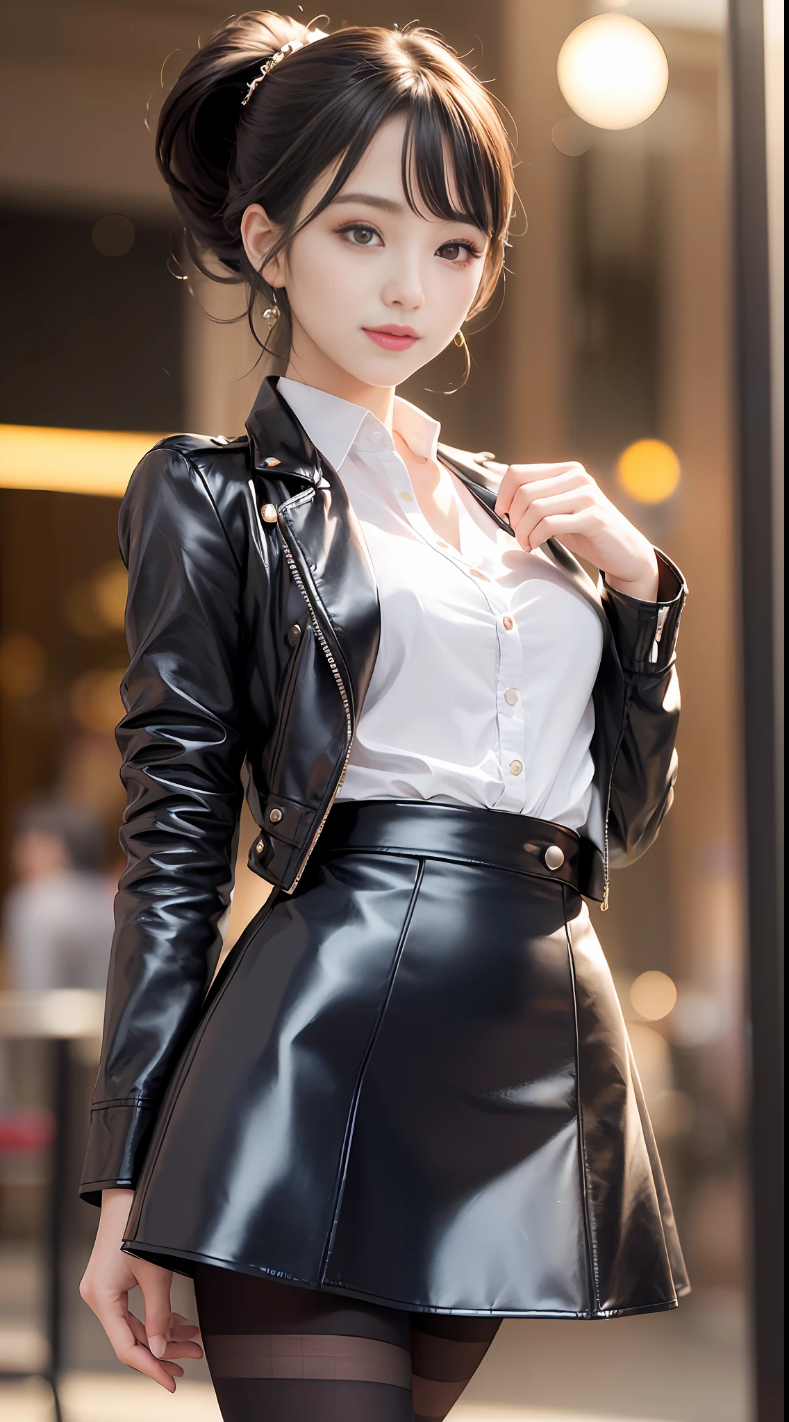 Exquisite, masterpiece, beautiful details, colorful, exquisite details, delicate lips, intricate details, 1 female, (a beautiful 20-year-old cute Korean woman: 1.1), (kpop idol, Korean mixed), (50mm Sigma f/1.4 ZEISS lens, F1.4, 1/800s, ISO 100, photograpy: 1.1), (ponytail + brunette hair: 1.2), (photorealistic: 1.4), (SPY:1.2), (Open Jacket,Shirt, Skirt,Tie,Black Pantyhose,Christian Louboutin\(Brand\),:1.3), Earrings, Necklace, Armbands, (Tavern, Bar:1.2), (Beautiful Legs, High Girl, Skinny, slim_legs, thigh_gap, Model:1.2), Lens flare, viewed from the front, (Happy smile: 1.1), Dynamic pose, (Makeup: 1.2),