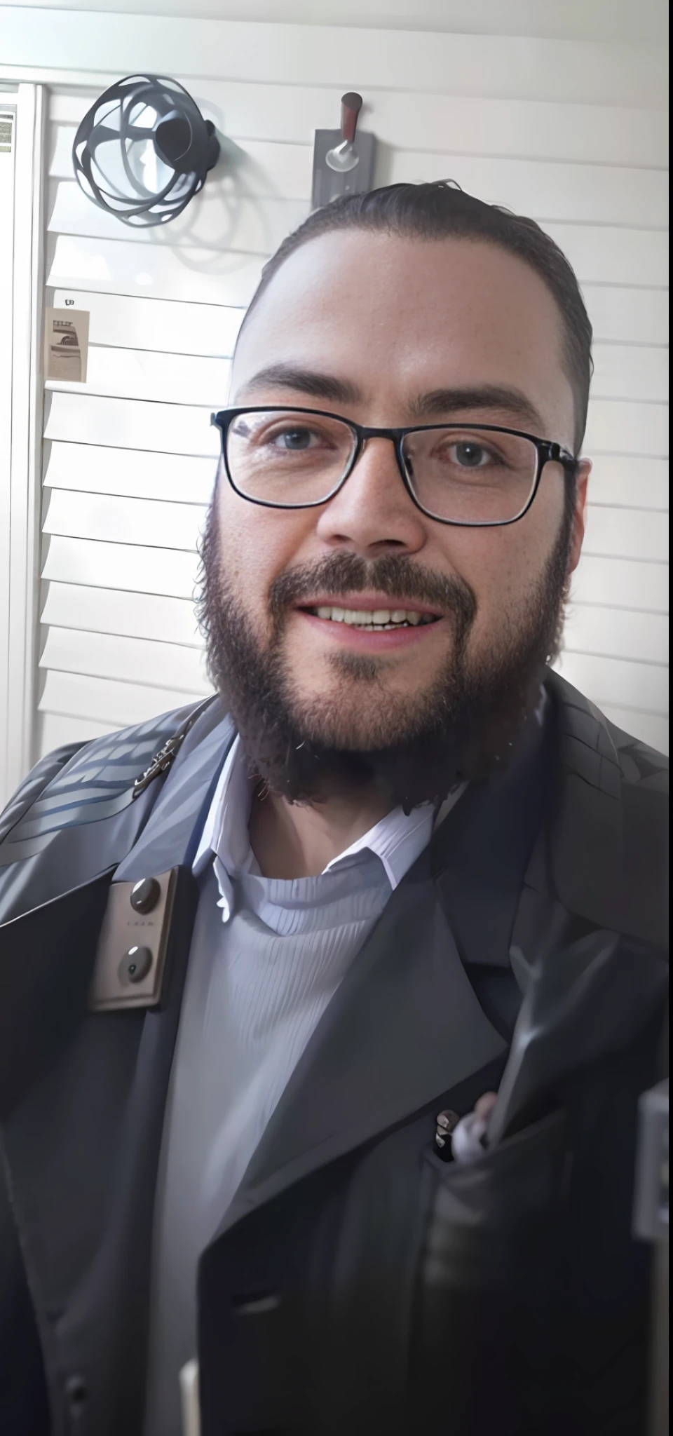 Man with beard, jacket, glasses and dress shirt