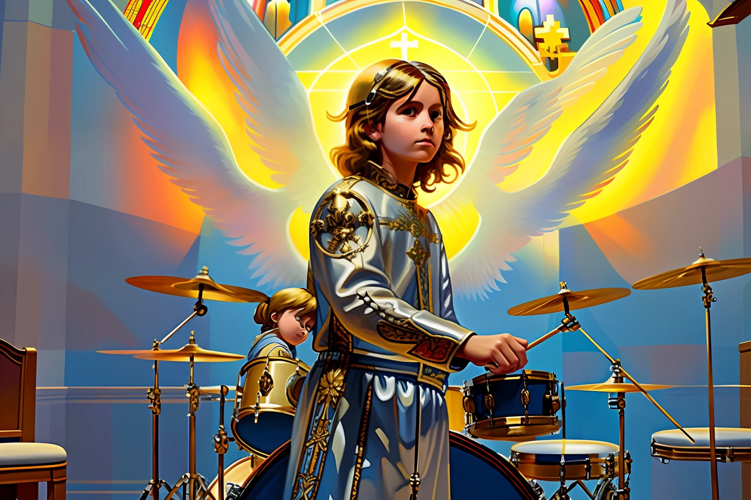 Create an angel playing drums in a church