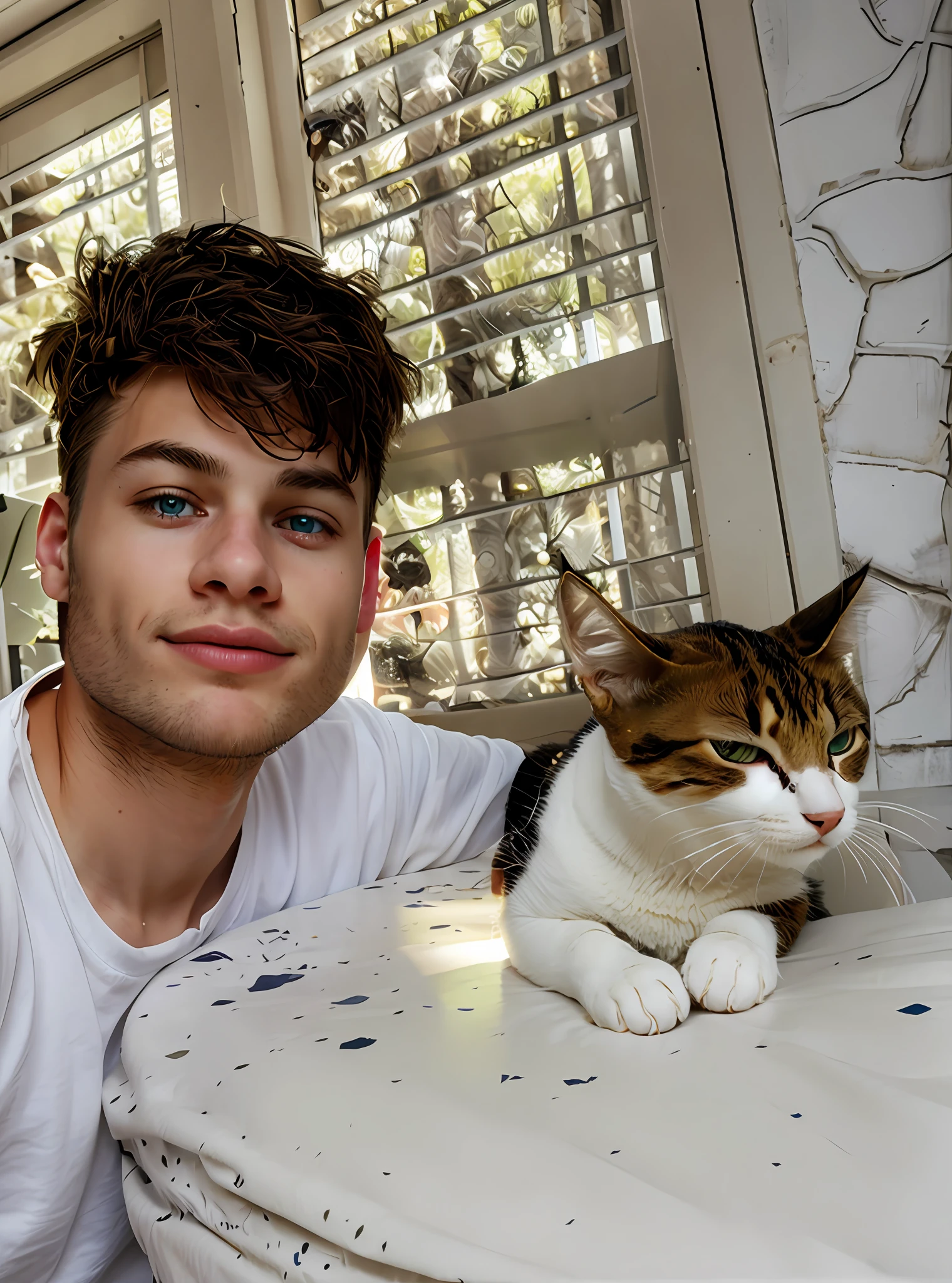 A young man and the cat, beautiful art, (realistic:1.2), (best quality), white background