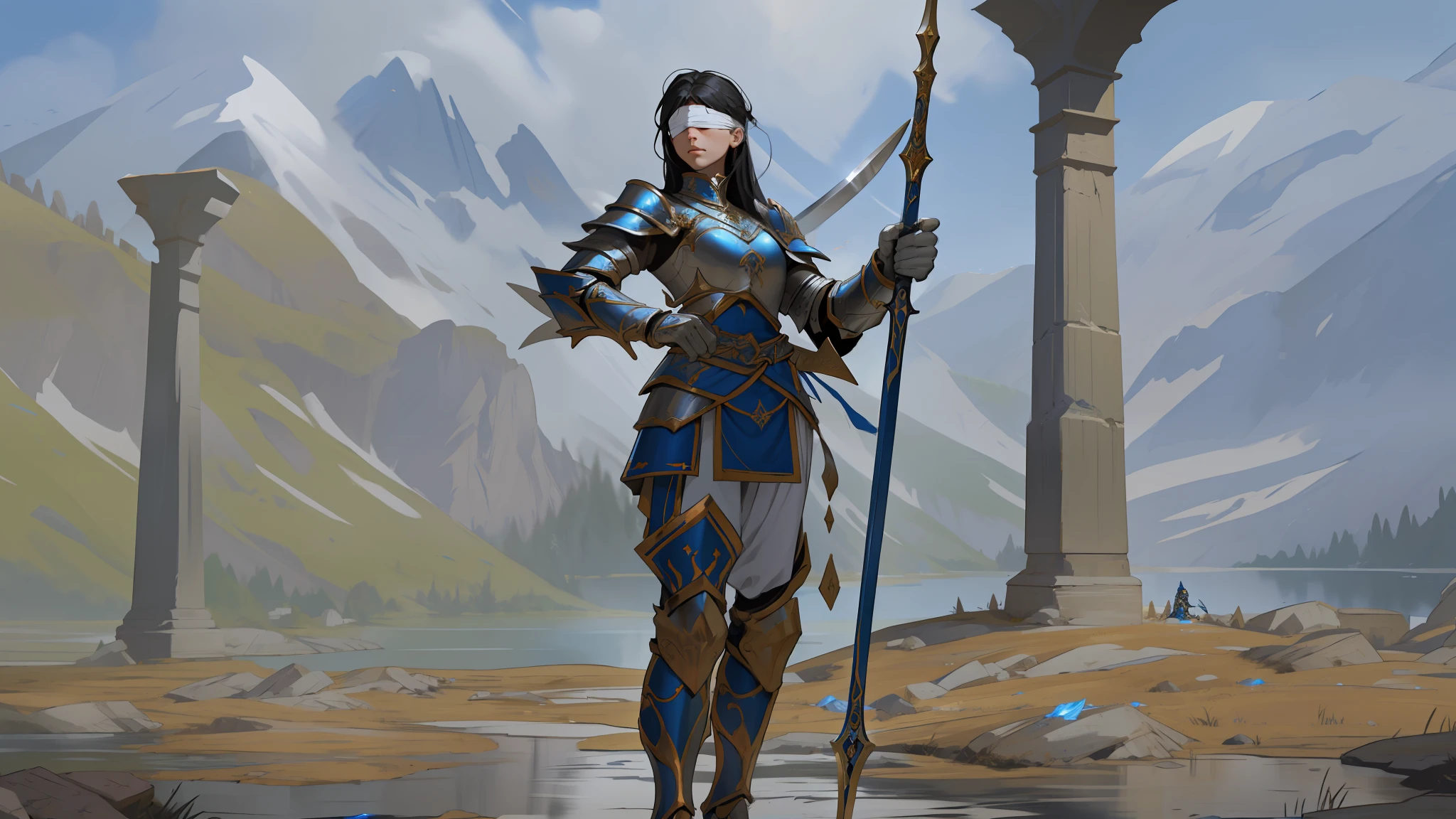 Long dark hair, wearing a white cloth blindfold, There is a strong woman in armor, holding a spear and a dagger, in a lazuli armor made of shiny blue diamonds, texturizing plate armor, deep inside a fortress full of warrior women like Amazons or Valkirias