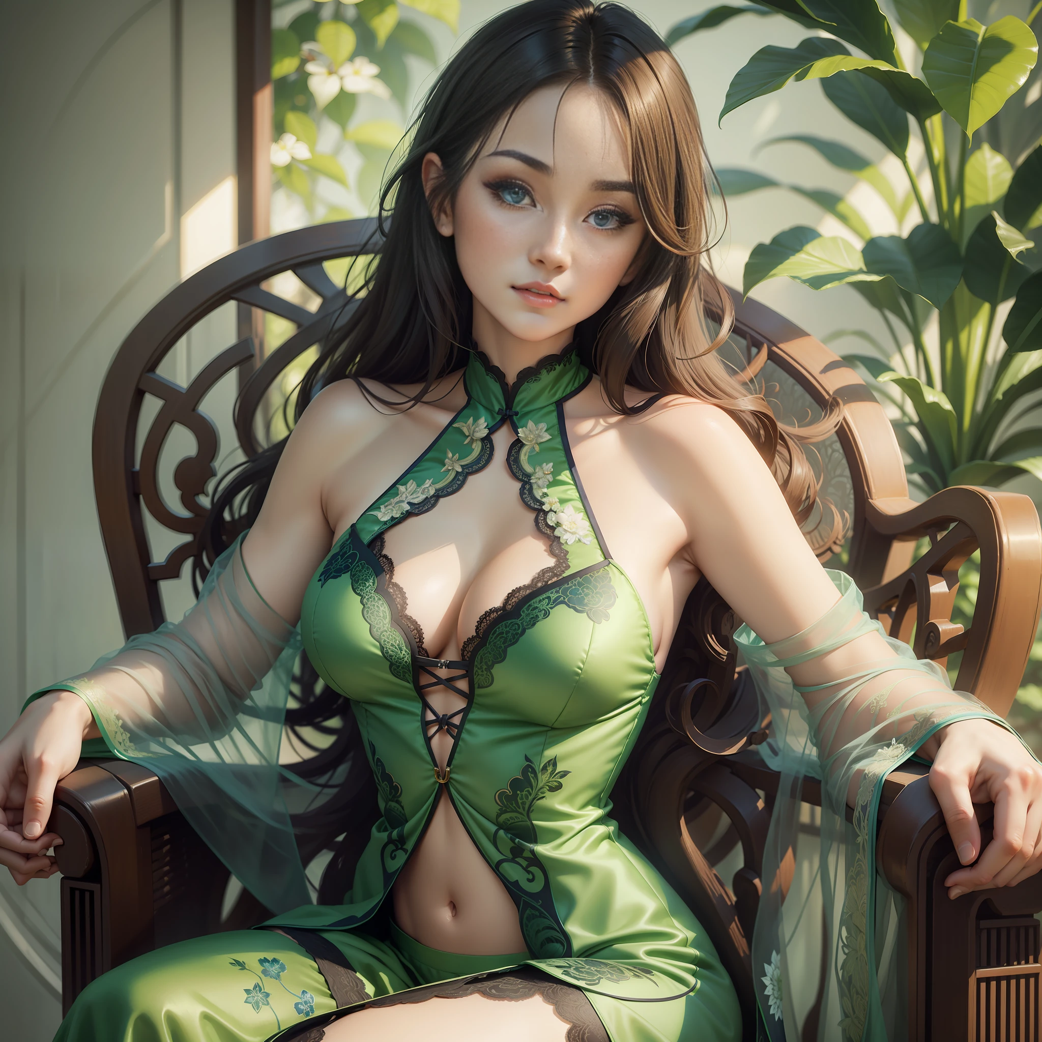 Girl sitting in green dress on chair, single, beautiful face, blue eyes, gorgeous light green outfit, cheongsam, sexy dress, Art Nouveau dress, alluring lingerie camisole vest, feminine, silk, sexy dress, translucent silk dress, wearing sexy lingerie, elegant seductive pose, oriental art nouveau, fantasy long and complex dress, rainbow shiny sheer lingerie, satin, lace-up underwear, ultra-realistic realistic style, original camera quality