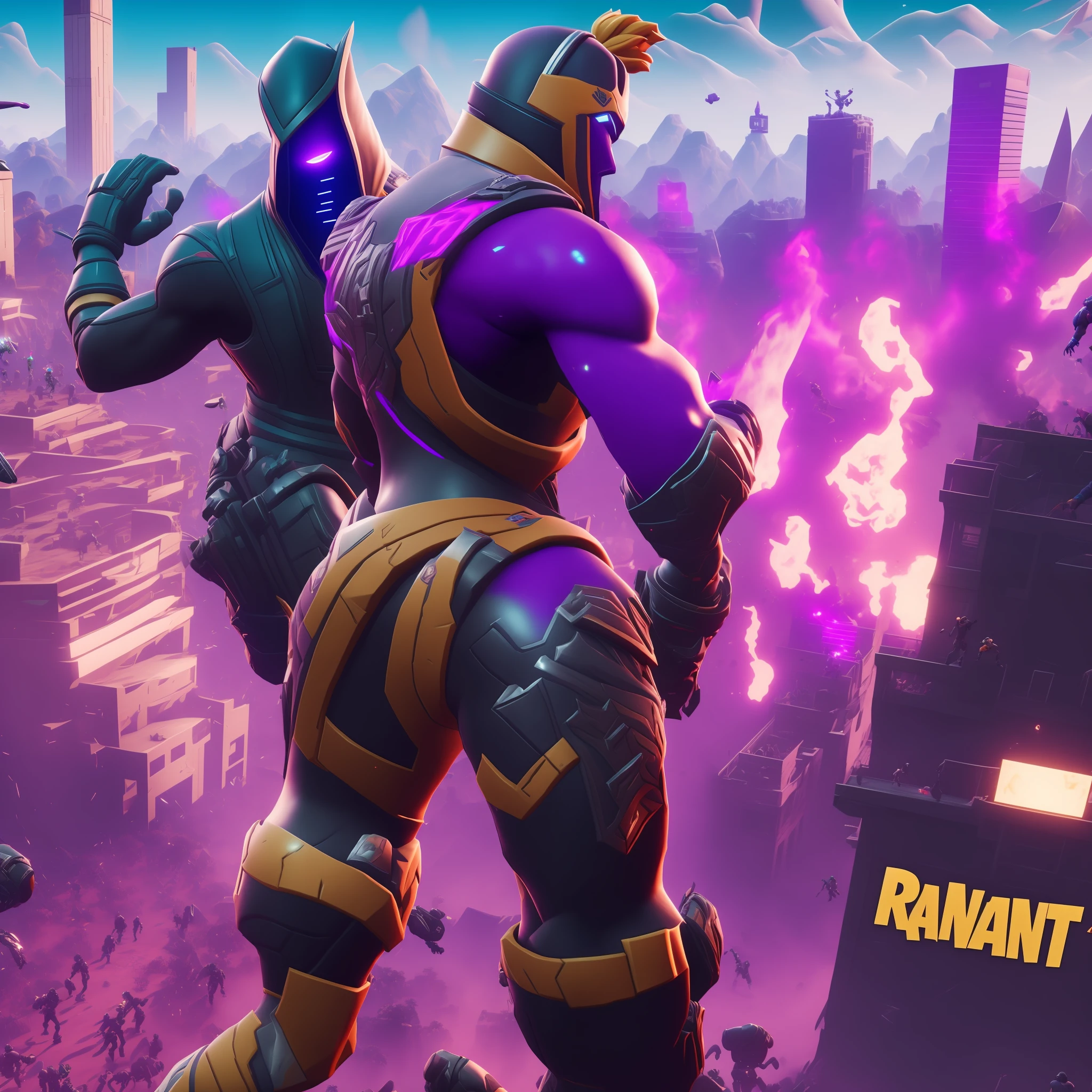 Image of a group of people in a video game, screenshot of Fortnite, in the skin of Fortnite, Epic Games, D, Fortnite Art Style, Fornite Game. , fortnite, fornite game-style realism, in fortnite, saul goodman in fortnite, fortnite-style fortnite, 4k, event the end, live event, four people with their backs to the screen against a villain --auto --s2