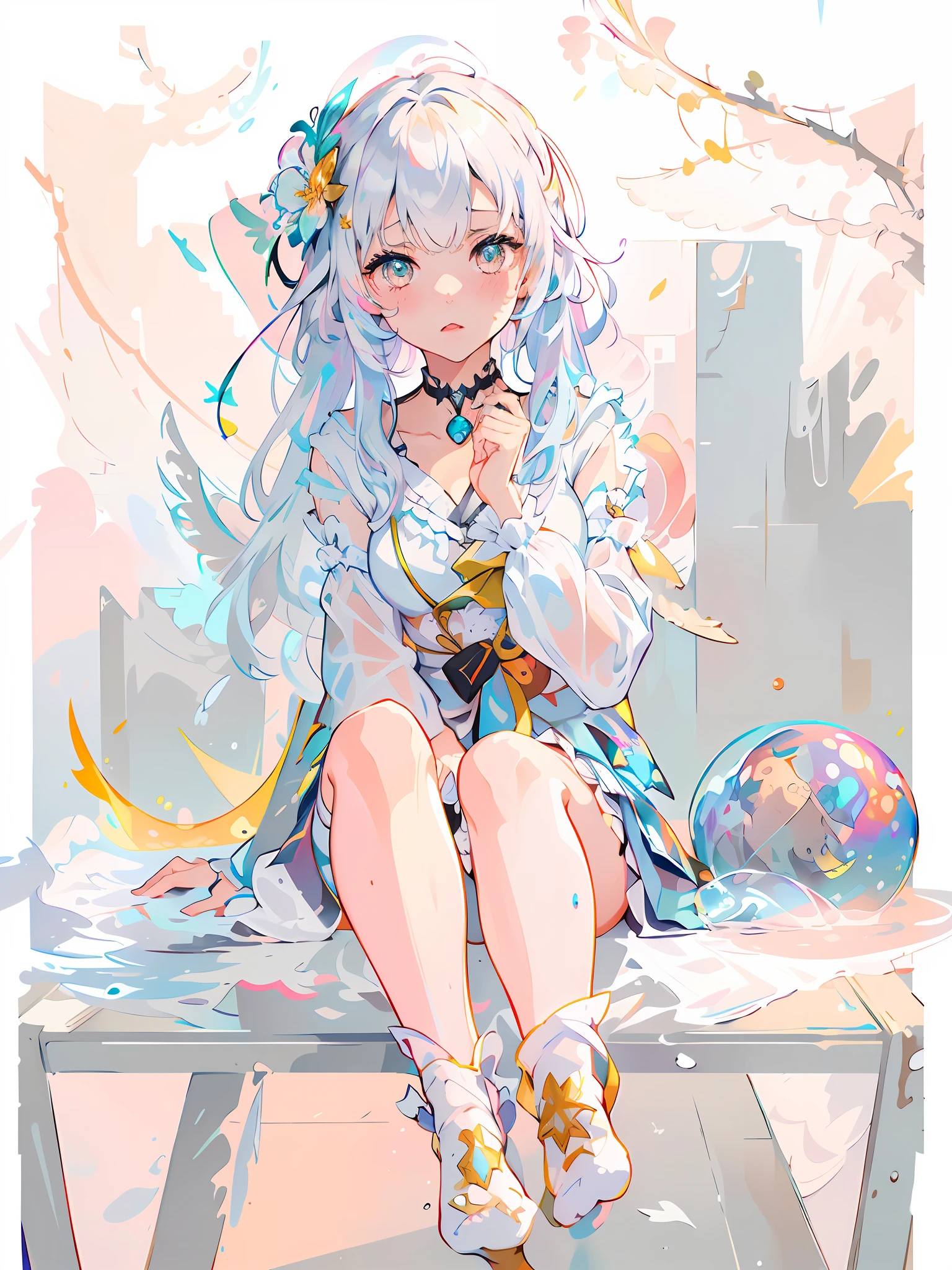 (masterpiece), (best quality), (official art, extremely detailed CG unity 8k wallpaper), (highly detailed), ((absurdres)), 1girl, mid shot, (exquisite facial features),(serafuku:1.3) ((sfw)),((clear hands)), ((white thighhighs without shoes)),aqua eyes, color contact lenses, stars in the eyes, (((colorful bubble))), colourful glass, (album cover)