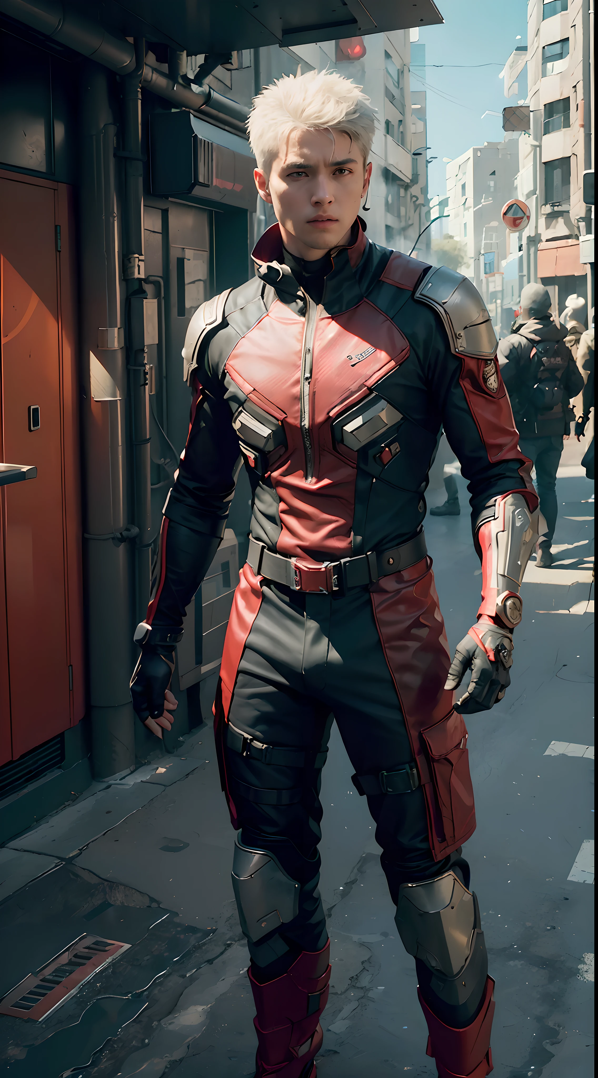 ((Best quality)), ((masterpiece)), (detailed:1.4), ((male)), ((red base)), 3D, an image of a furious cyberpunk male, wearing gentleman cybersuit, red city as the background, HDR (High Dynamic Range),Ray Tracing,NVIDIA RTX,Super-Resolution,Unreal 5,Subsurface scattering,PBR Texturing,Post-processing,Anisotropic Filtering,Depth-of-field,Maximum clarity and sharpness,Multi-layered textures,Albedo and Specular maps,Surface shading,Accurate simulation of light-material interaction,Perfect proportions,Octane Render,Two-tone lighting,Wide aperture,Low ISO,White balance,Rule of thirds,8K RAW,