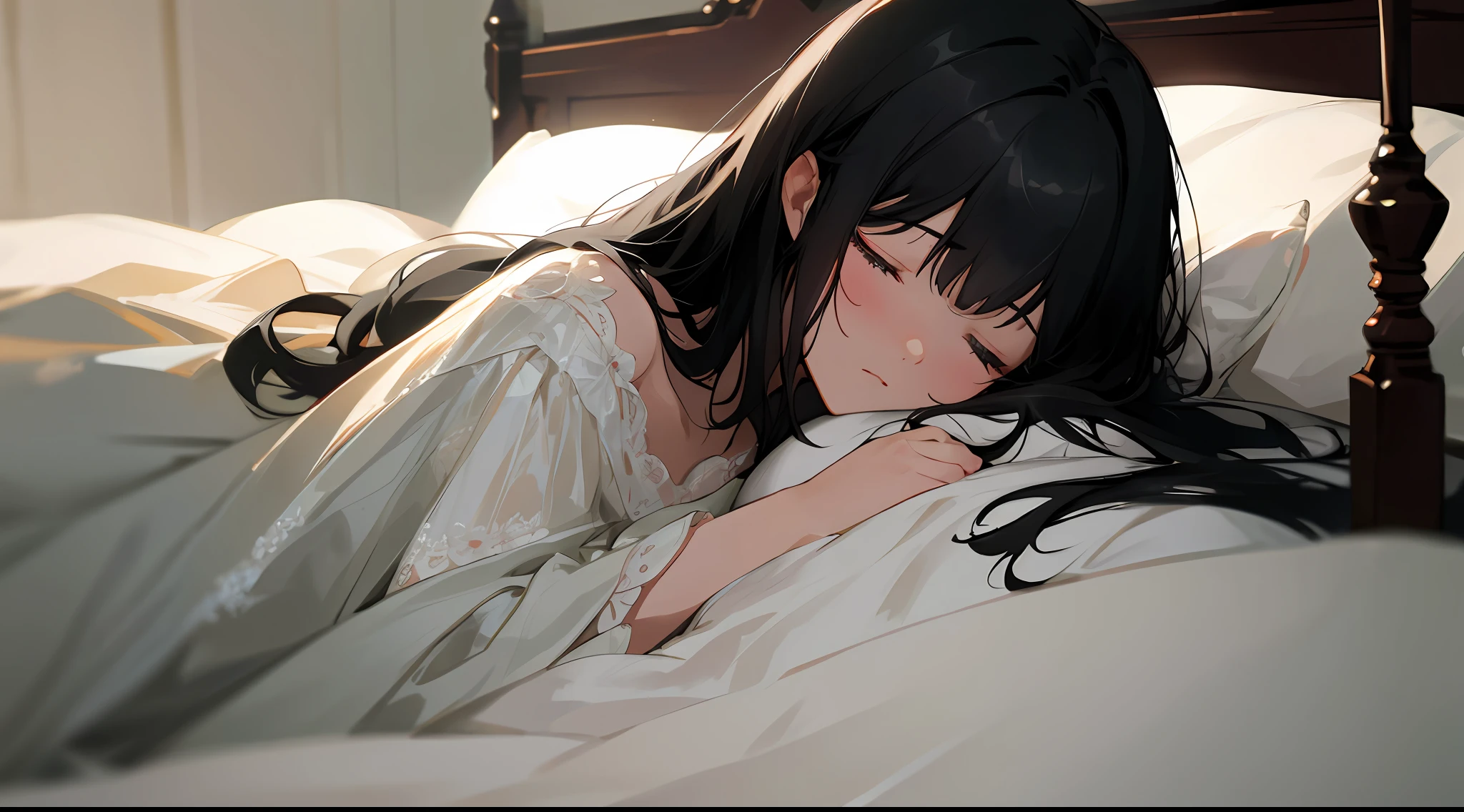 Depth of field, full body portrait, cinematic angle, masterpiece, best quality, super detailed, CG, 8K wallpaper, beautiful face, delicate eyes, a maiden, solo, long black hair, drowsiness, sleep quietly in bed, sleep, lie in bed, sleep with eyes closed