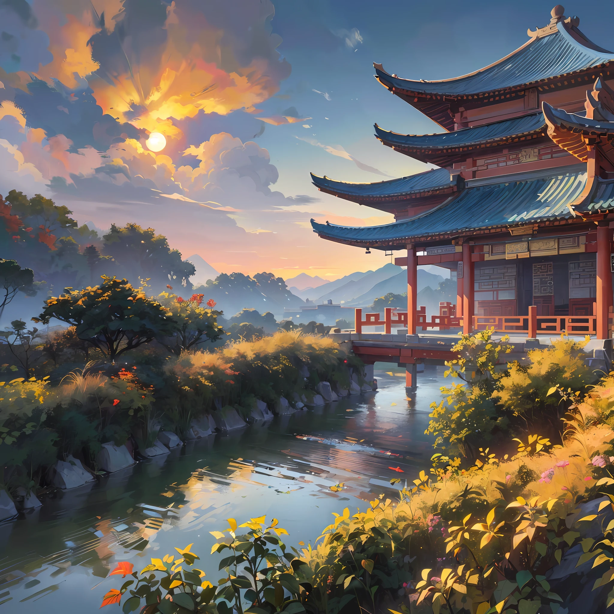 ( ( Top view, high angle view, Focal point composition) ) , Sunset Gradient, moonlit night, halo, beautiful play of shadow, light effects, (Autumn),(many raditional Chinese architecture on a floating island), there are many scattered buildings, waterfall, clouds, group of buildings, sky lanterns, high mountains, soft color, refreshing, beautiful, Chinese landscape painting, cinematic lighting, cinematic lighting, high detail, (close-up), (chiaroscuro),fine facial details,cinematic lighting, (depth of field), extreme details, realistic light, epic composition, (complex details), (super details: 1.2), Art Station, (Masterpiece, Best Quality, Ultra HD, 32k, --auto --v6 --s2