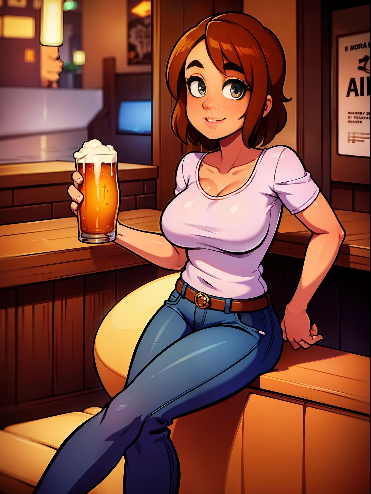 beautiful 40 year old girl, beautiful body, in jeans and shirt, sitting in a bar drinking a beer, Pixar, Action painting, Sony FE, Sony FE GM, Nikon, Fujifilm, Hasselblad, 135mm, UHD, high quality, high details, best quality, HD, 4K, 8k, 16k