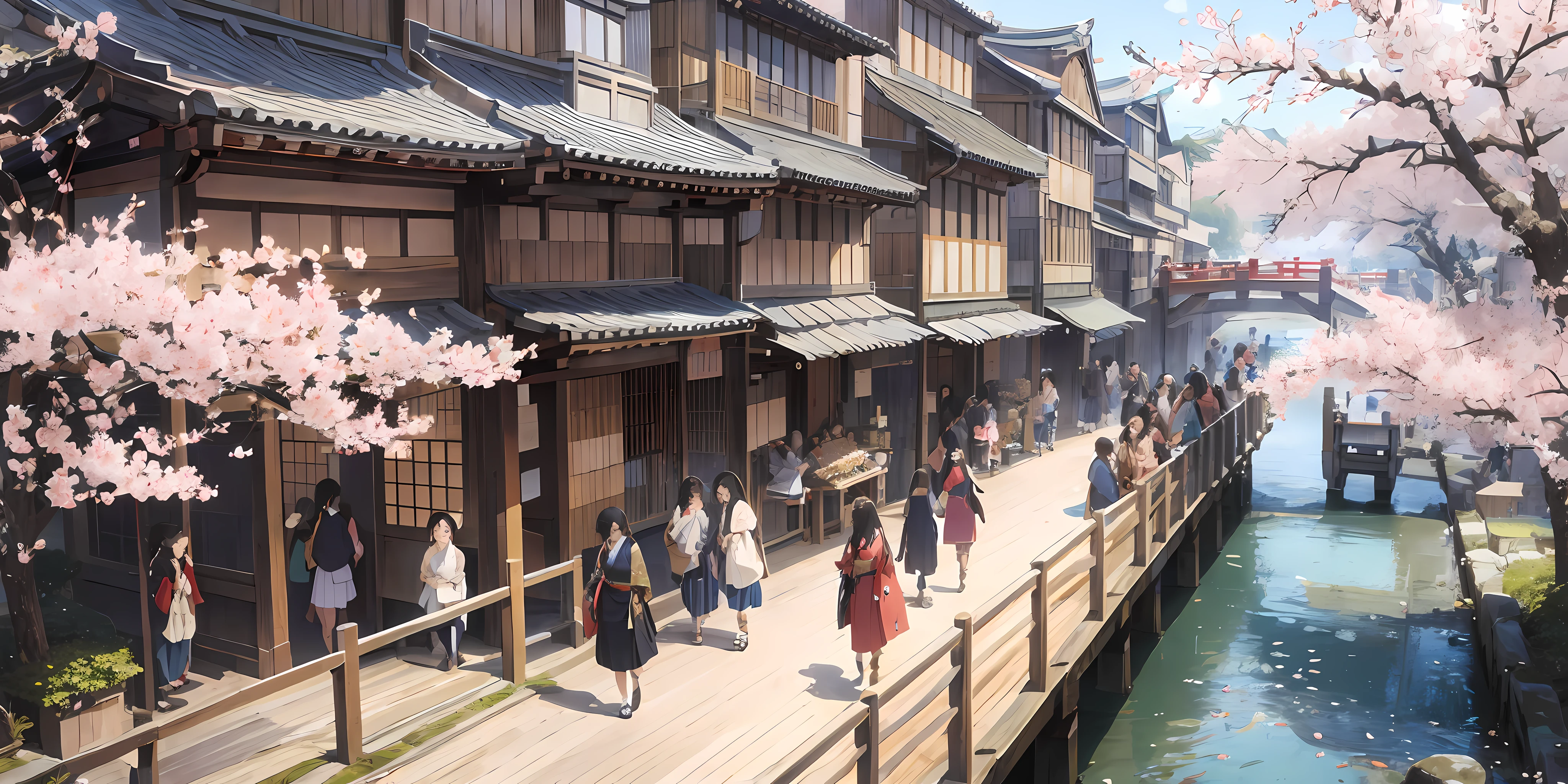 masterpiece, a crowded bridge in a feudal japanese city,  busy, crowded, crowd, cherry blossoms, sunny, studio ghibli style, highly intricate, highly detailed, photorealism style