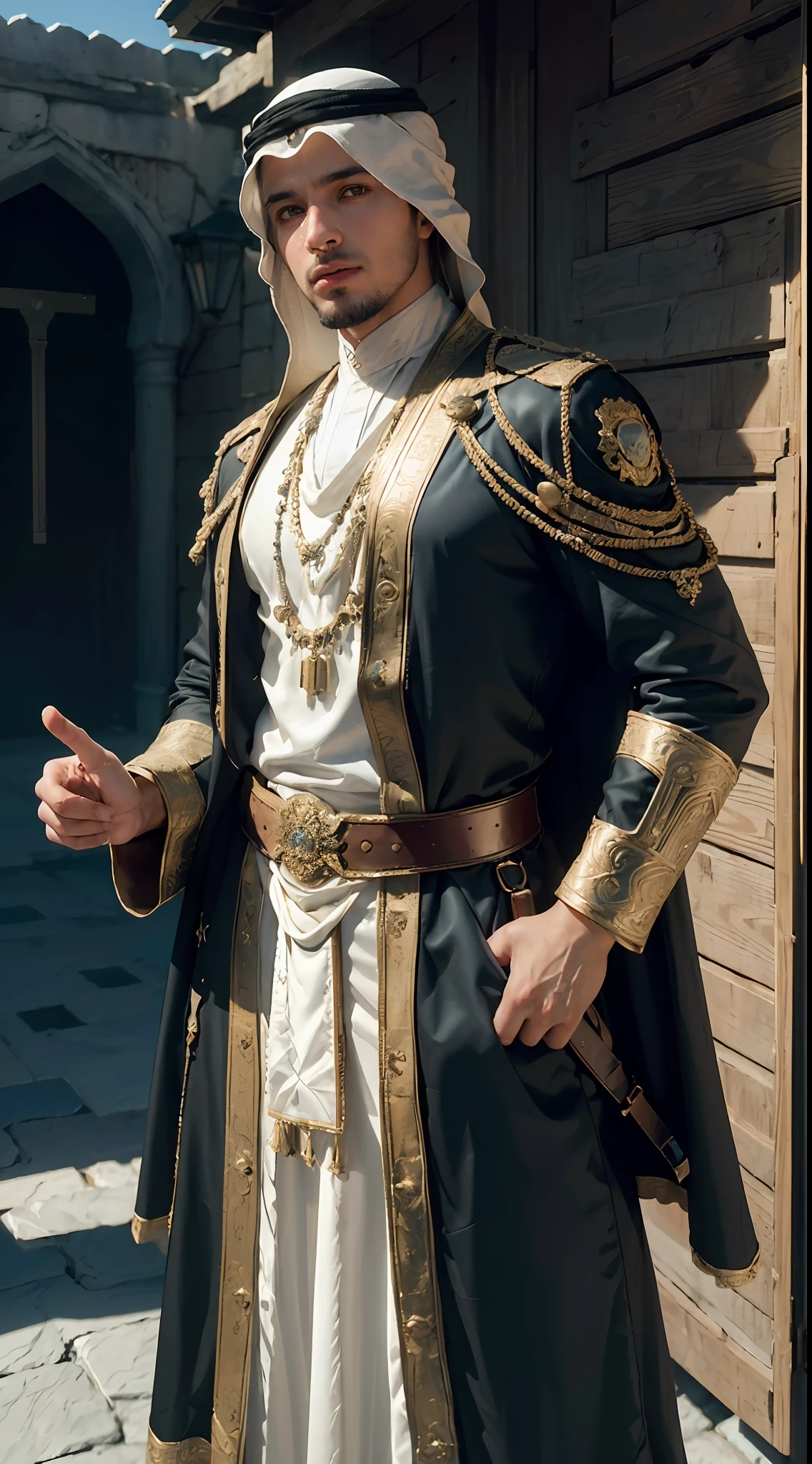((Best quality)), ((masterpiece)), (detailed:1.4), ((male)), 3D, an image of a wise young muslim man, wearing arab suit, traditional outfit, gentleman, strong poses, HDR (High Dynamic Range),Ray Tracing,NVIDIA RTX,Super-Resolution,Unreal 5,Subsurface scattering,PBR Texturing,Post-processing,Anisotropic Filtering,Depth-of-field,Maximum clarity and sharpness,Multi-layered textures,Albedo and Specular maps,Surface shading,Accurate simulation of light-material interaction,Perfect proportions,Octane Render,Two-tone lighting,Wide aperture,Low ISO,White balance,Rule of thirds,8K RAW,
