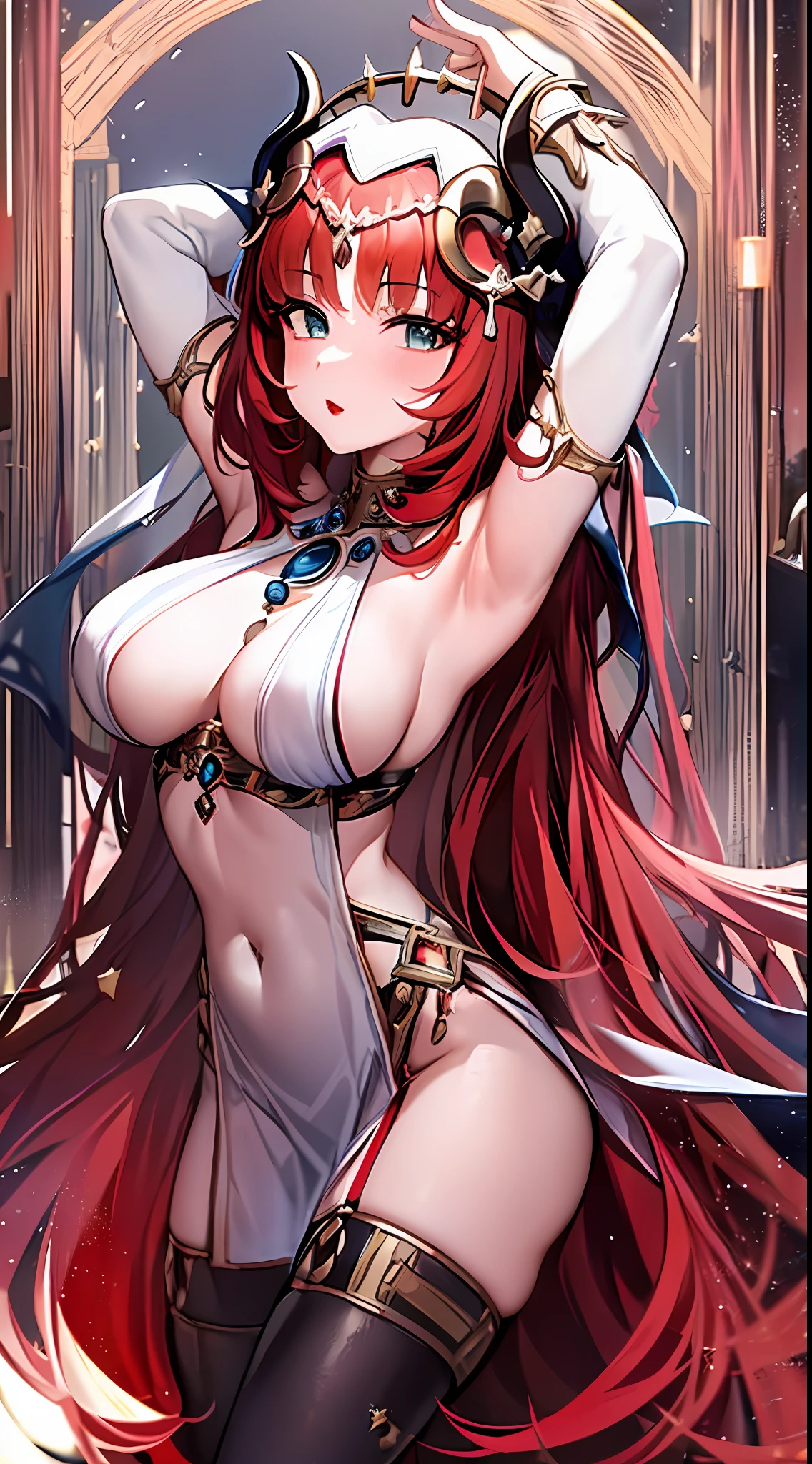 masterpiece, best quality, 1girl, solo, nilou genshin impact, long night dress, black red dress, red lips, red lipstick, red hair, breasts, breasts out, dancing, blushes,