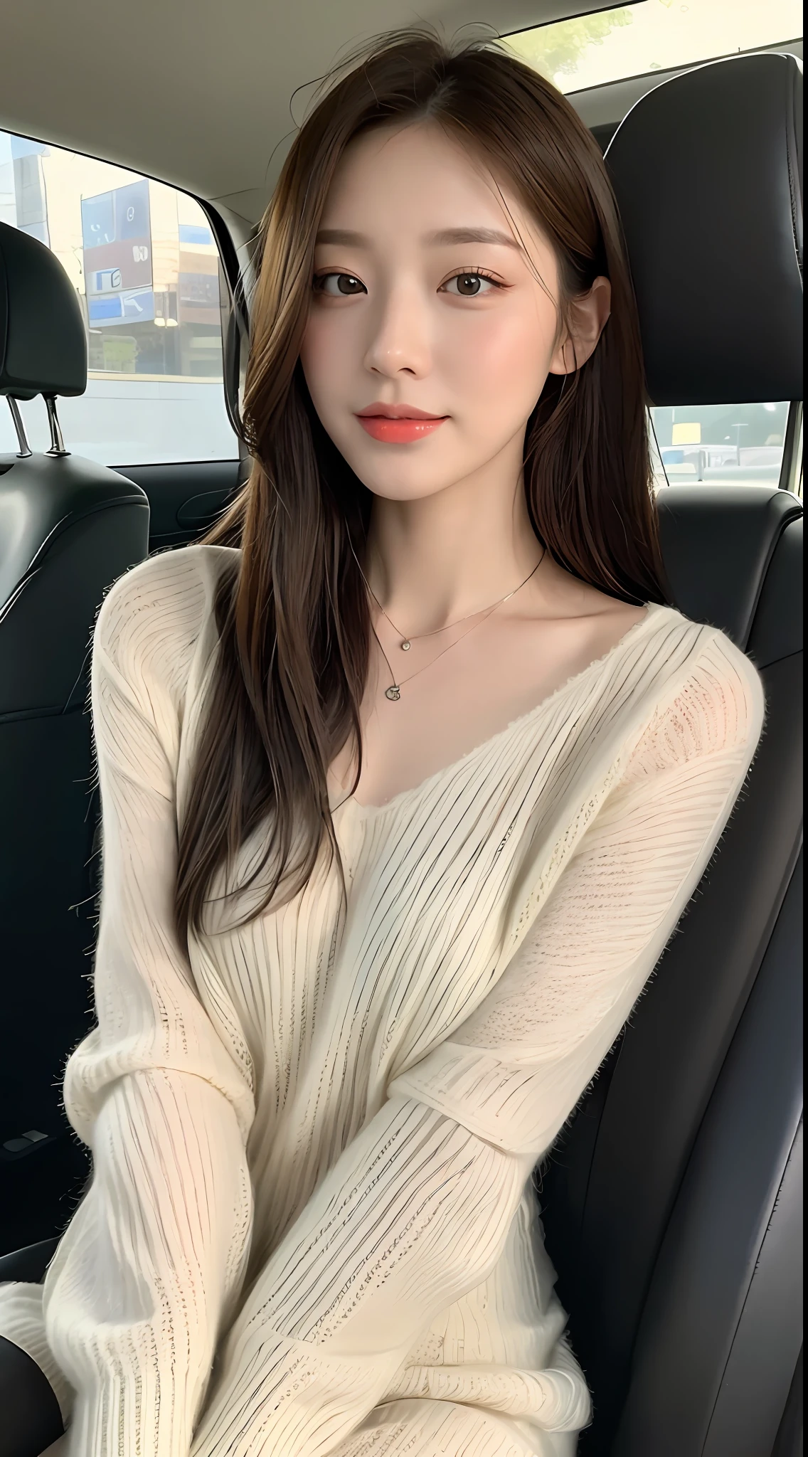 ((Best Quality, 8k, Masterpiece: 1.3)), Focus: 1.2, Perfect Body Beauty: 1.4, Buttocks: 1.2, ((Delicate Hair)), (Sweater Dress: 1.1), (Sports car, street: 1.2), Highly detailed face and skin texture, Fine eyes, Double eyelids, Whitened skin, Smile, Wearing necklace, ring, person sitting inside a car.