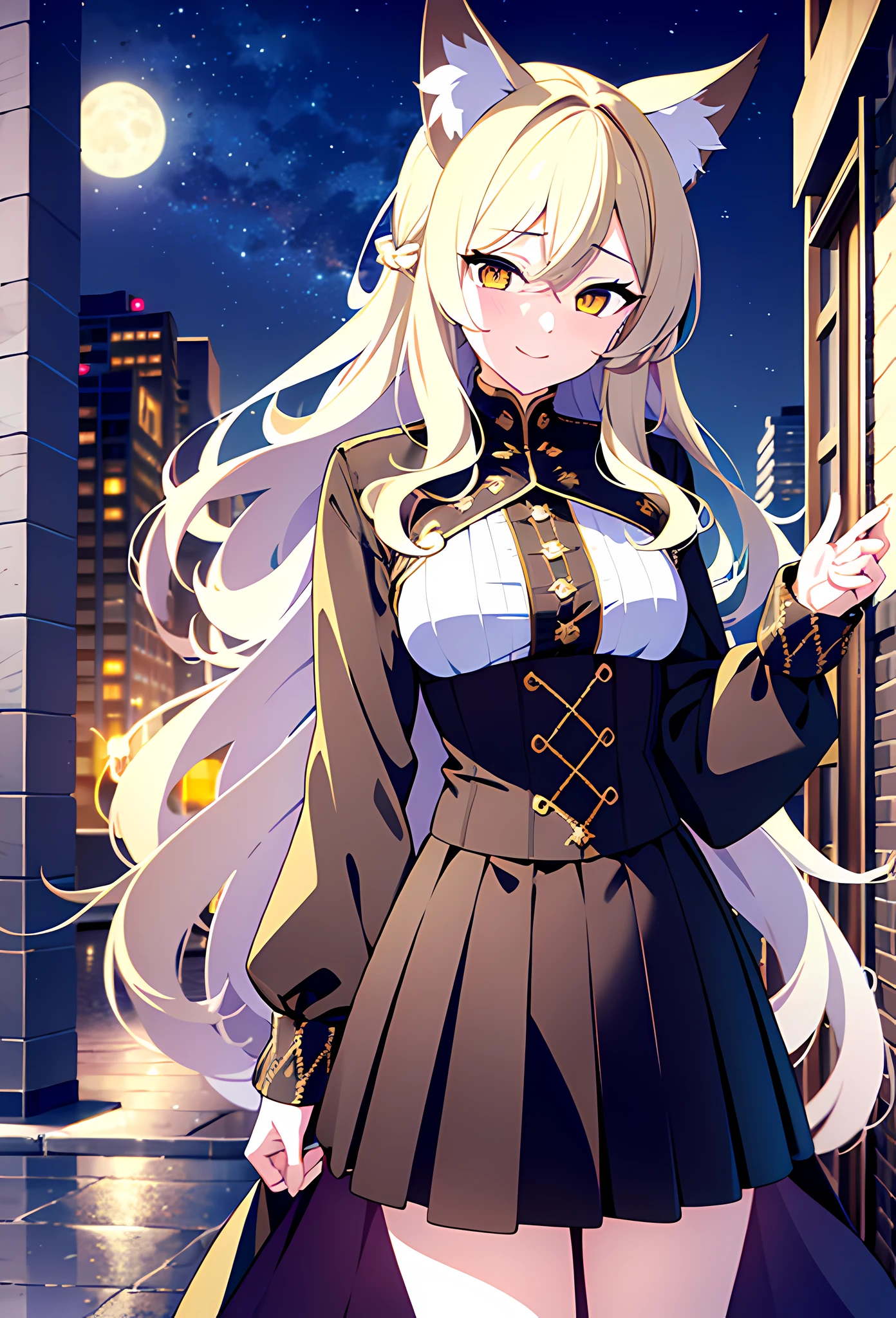{{masterpiece, extremely detailed, 8K, absurdres, high quality shadowing}}, best quality, {solo}, {{extremely detailed girl}} perfect body, {slim waist}, {slim legs}, {{{{detailed fingers}}}}, {{{detailed legs}}}, {{{{extremely detailed long golden brown white hair}}}}, {{{luscious curly braided hair}}}, cat ears, {{black inner cat ear flaps}}, {{{extremely detailed eyes}}}, {{{{sharp white cat eyes}}}}, {{{{golden amber brown eyes}}}}, {{{{vibrant eye colors}}}}, {{{blushing}}}, {{cute shy smile expression}}, date clothes, {{{detailed light brown tight knitted fleece sweater}}}, {{{detailed short light brown stripe skirt}}}, {{{detailed white knitted knee warmers}}}, {{{detailed shoes}}}, {{walking on a sidewalk next to a lake during the night with a full moon shining above and reflecting of the lake}}