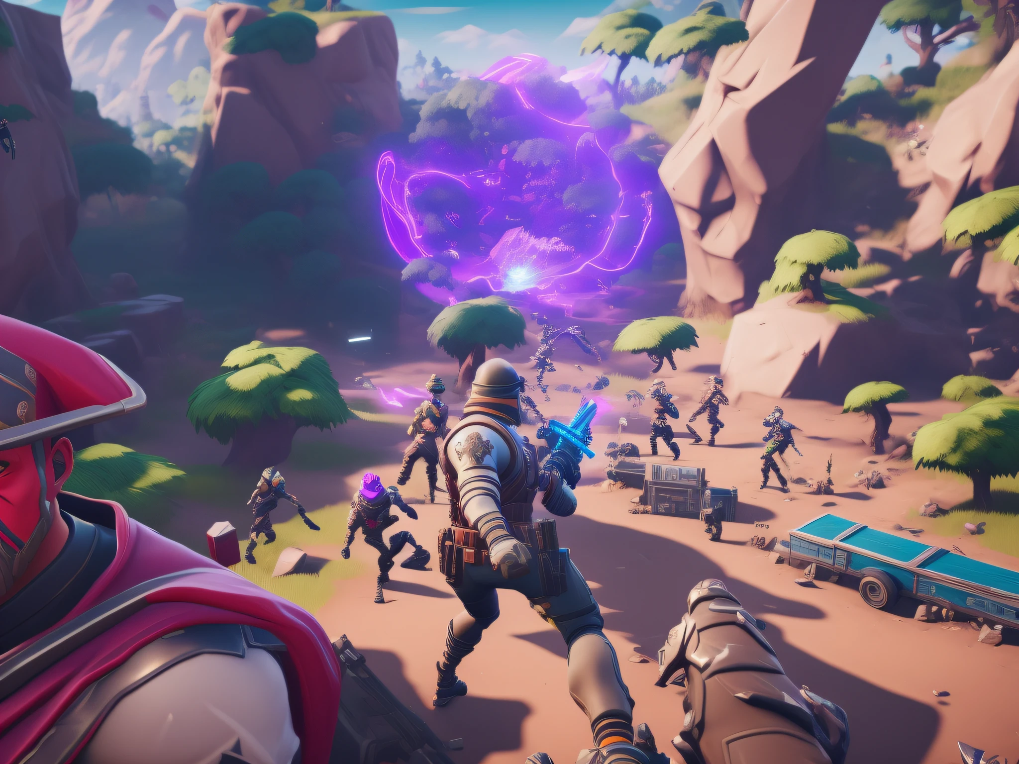 Image of a group of people in a video game, screenshot of Fortnite, in the skin of Fortnite, Epic Games, D, Fortnite Art Style, Fornite Game. , fortnite, fornite game-style realism, in fortnite, saul goodman in fortnite, fortnite-style fortnite, 4k, event the end, live event, four people with their backs to the screen against a villain --auto --s2