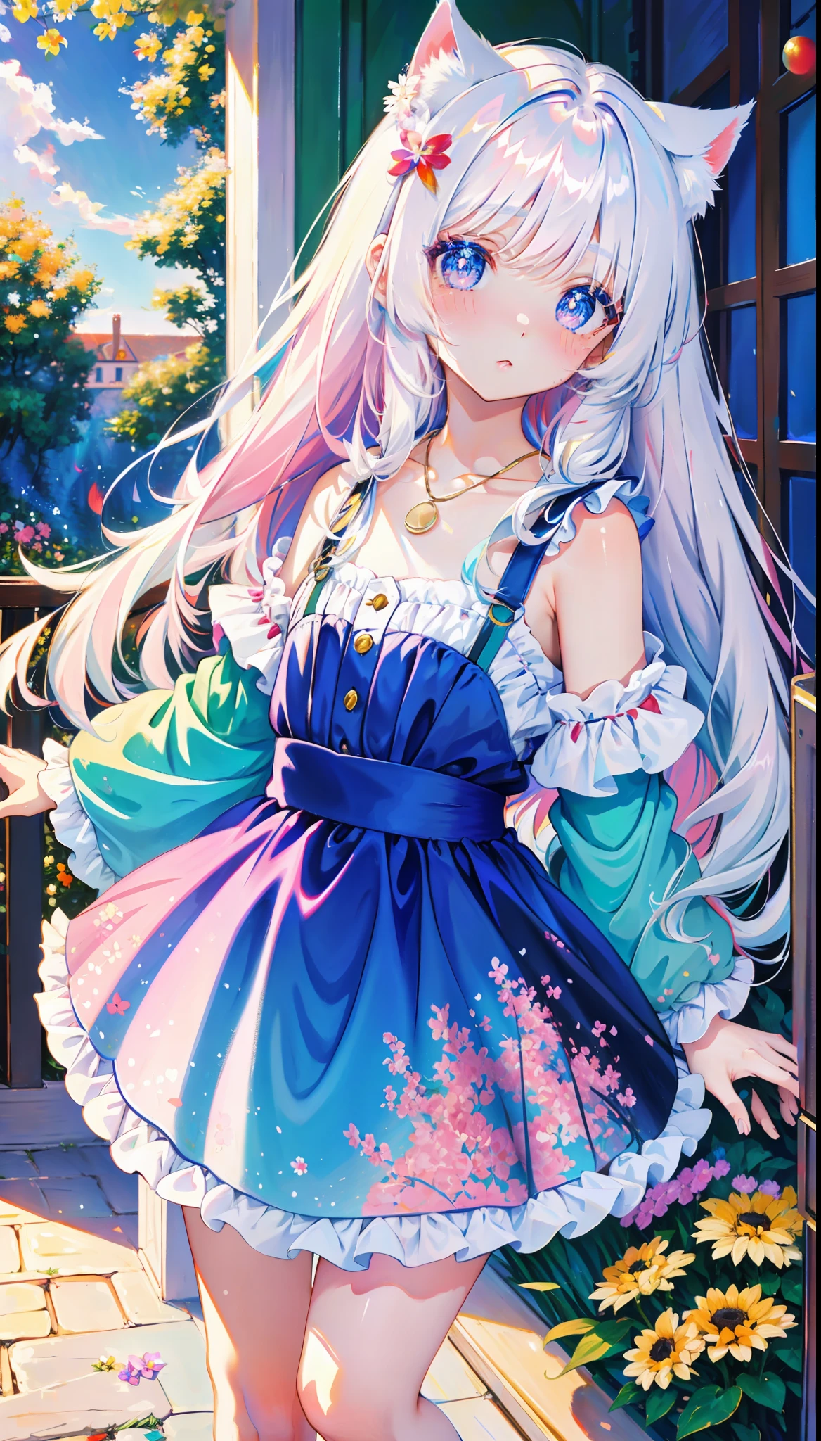 (masterpiece, high quality, highres,Highest picture quality),
BREAK
blurry background, (colorful:0.7), (eyes focus:1.2), looking at viewer, upper_body, fisheye, (indoors:1.1), cuteg, warm light, cute cat ears, 
BREAK 
1loli, standing, solo, ^ ^, (leaning_forward:1.1), arms_behind_back, (wide-eyed:1.1), head_tilt, bare shoulders, small breasts, long eyelashes, collarbone, (blush:0.95),
BREAK
shiny skin, shiny hair,(bright pupils:1.1),Curious,detailed eyes,hair ornament, long hair, two side up hair,white hair, upskirt, shiny eyes,