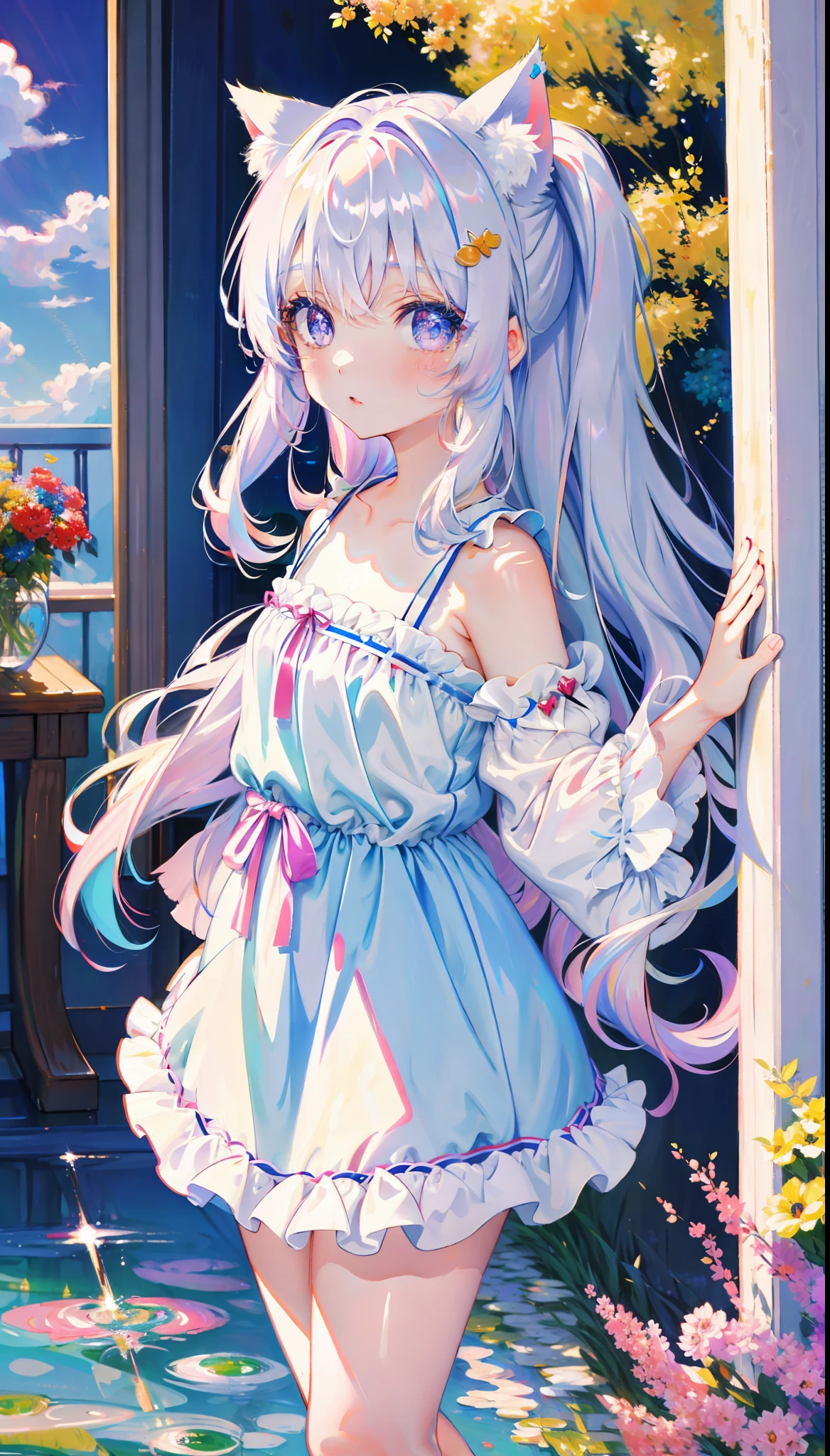 (masterpiece, high quality, highres,Highest picture quality),
BREAK
blurry background, (colorful:0.7), (eyes focus:1.2), looking at viewer, upper_body, fisheye, (indoors:1.1), cuteg, warm light, cute cat ears,
BREAK
1loli, standing, solo, ^ ^, (leaning_forward:1.1), arms_behind_back, (wide-eyed:1.1), head_tilt, bare shoulders, small breasts, long eyelashes, collarbone, (blush:0.95),
BREAK
shiny skin, shiny hair,(bright pupils:1.1),Curious,detailed eyes,hair ornament, long hair, two side up hair,white hair, upskirt, shiny eyes,