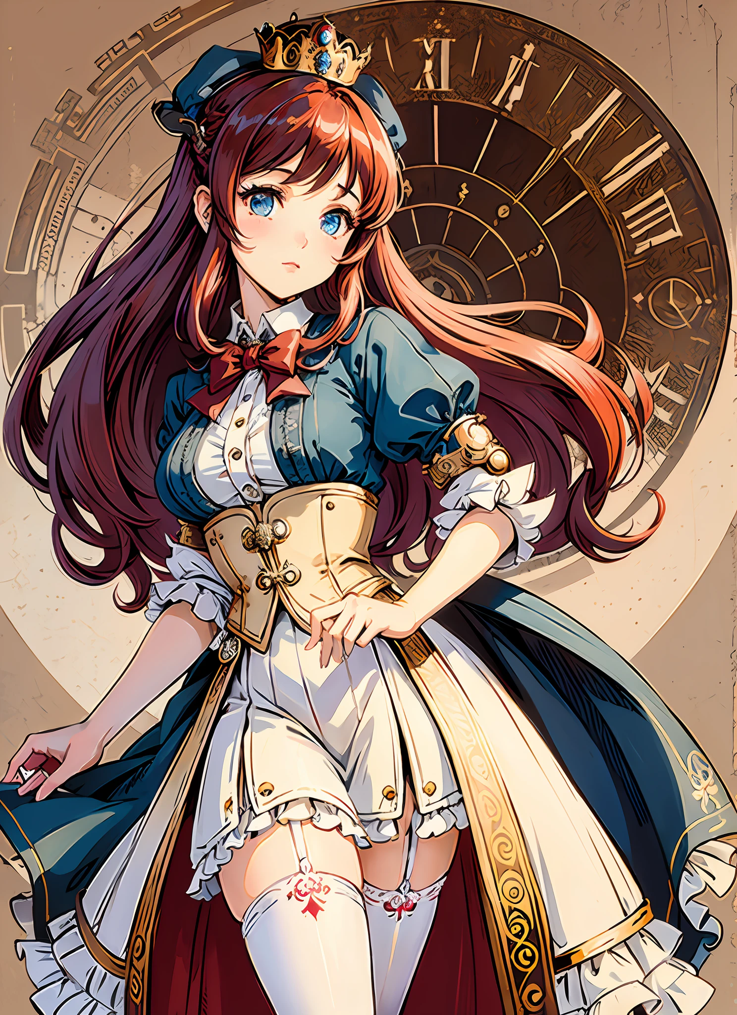 1girl, (steampunkai:1.1), princess crown, long red hair in elegant hairdo, (white transparent stockings:1.1), cute victorian princess attire with steampunk elements, dark skin, blue eyes, sparkly,