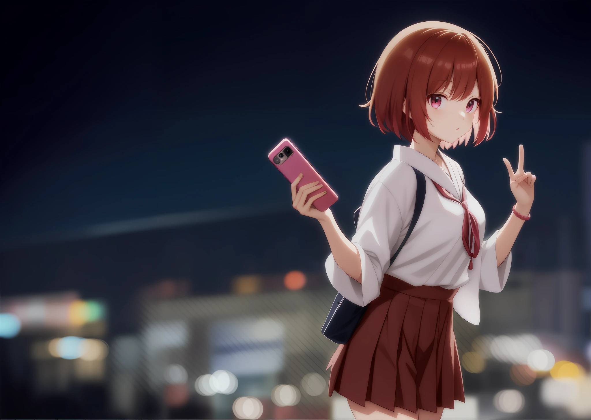 Kyoto anime style, shirt, Japanese style high school uniform, mobile phone in right hand, girly side face, focused eyes. It fits the night view and presents a beautiful atmosphere.