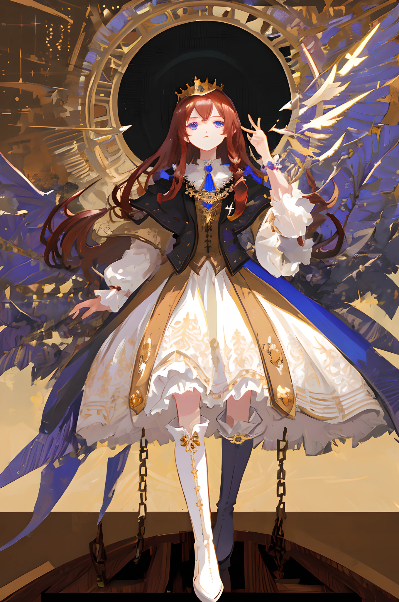 1girl, (steampunkai:1.1), princess crown, long red hair in elegant hairdo, (white transparent stockings:1.1), cute victorian princess attire with steampunk elements, dark skin, blue eyes, sparkly,masterpiece, best quality, intricate detail, artbook,ultra-detailed, illustration, ray tracing,  close-up, (full body), wearing thigh boots, standing, dress, straight on, face focus, 1girl, black hair, light purple eyes, long hair, gold trinkets, black wings, serene expression, chains, fancy background