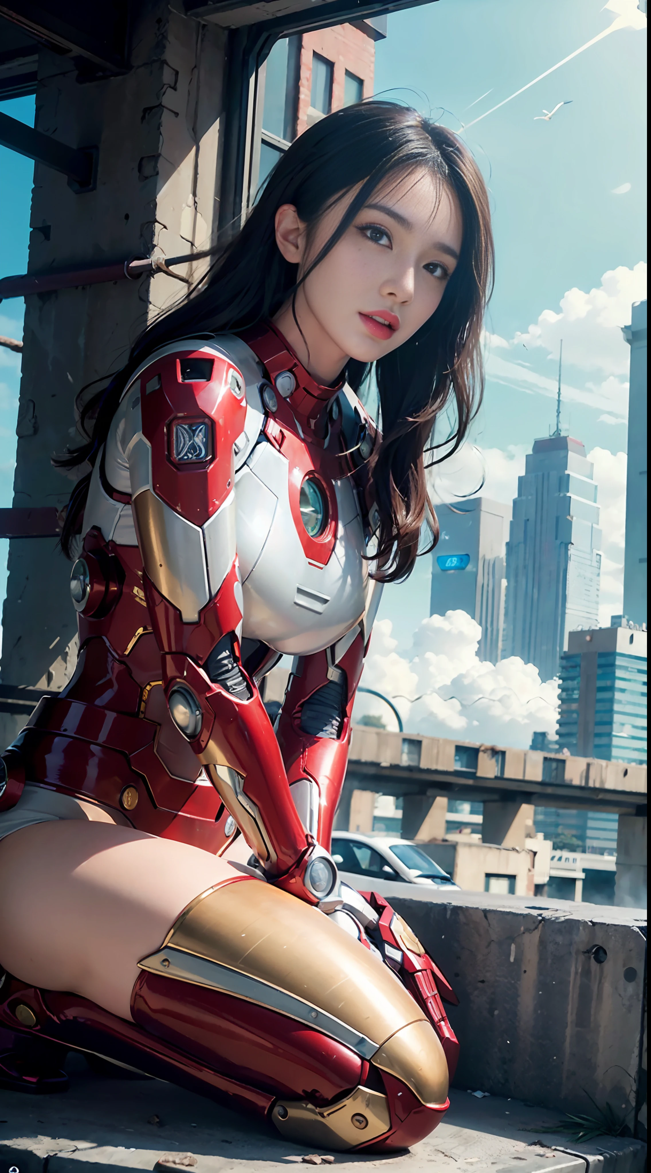 RAW, Masterpiece, Ultra Fine Photo,, Best Quality, Ultra High Resolution, Photorealistic, Sunlight, Full Body Portrait, Stunningly Beautiful,, Dynamic Poses, Delicate Face, Vibrant Eyes, (Side View) , she is wearing a futuristic Iron Man mech, red and gold color scheme, highly detailed abandoned warehouse background, detailed face, detailed and complex busy background, messy, gorgeous, milky white, high detailed skin, realistic skin details, visible pores , sharp focus, volumetric fog, 8k uhd, dslr camera, high quality, film grain, fair skin, photorealism, lomography, sprawling metropolis in futuristic dystopia, view from below, translucent